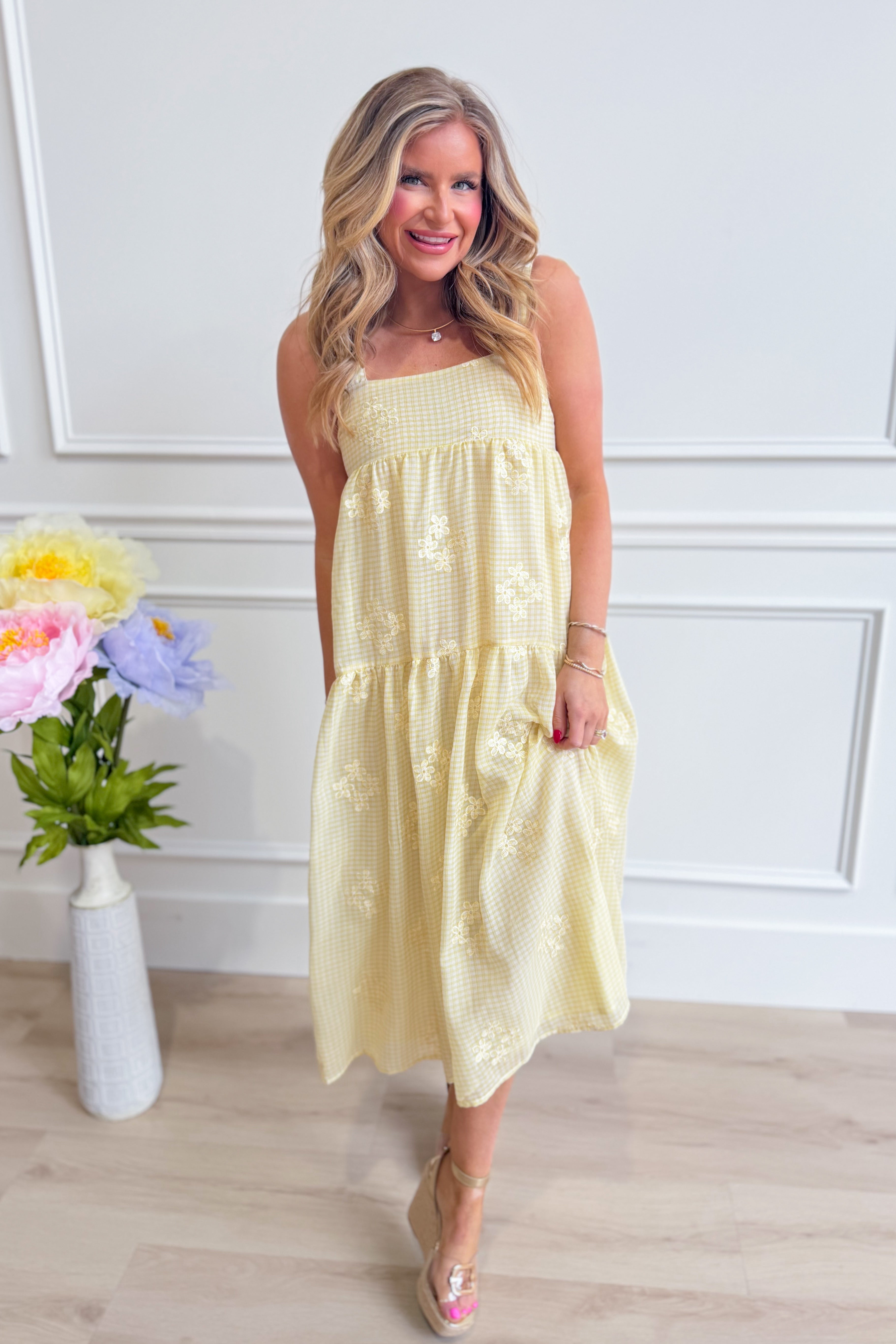 HYFVE Diane tiered gingham embroidered dress, casual style with ruffled layers and floral embroidery, perfect for warm-weather wear.