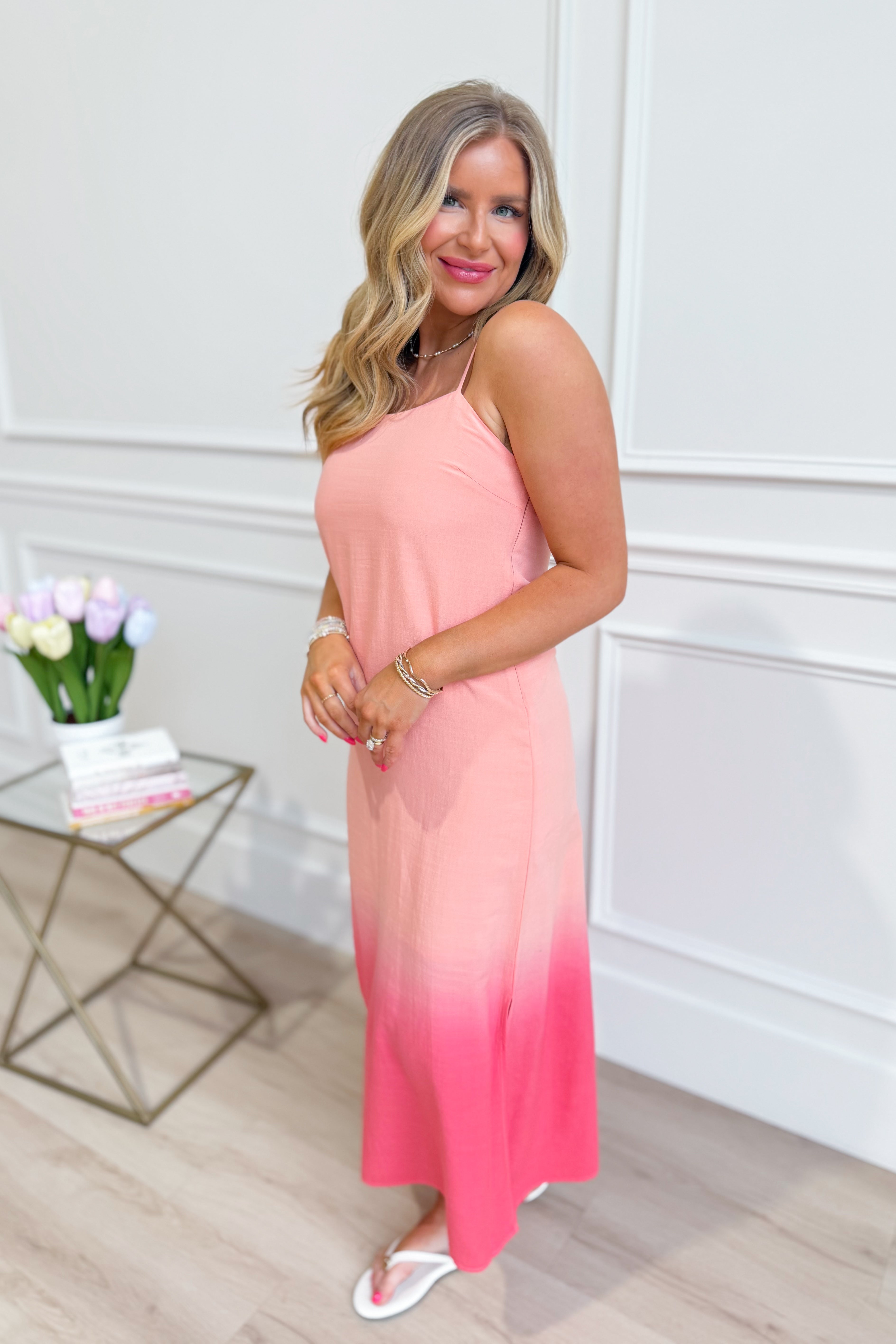 Corina sleeveless ombre midi dress by TCEC, showcasing a flowing casual dress with a gradient color transition.