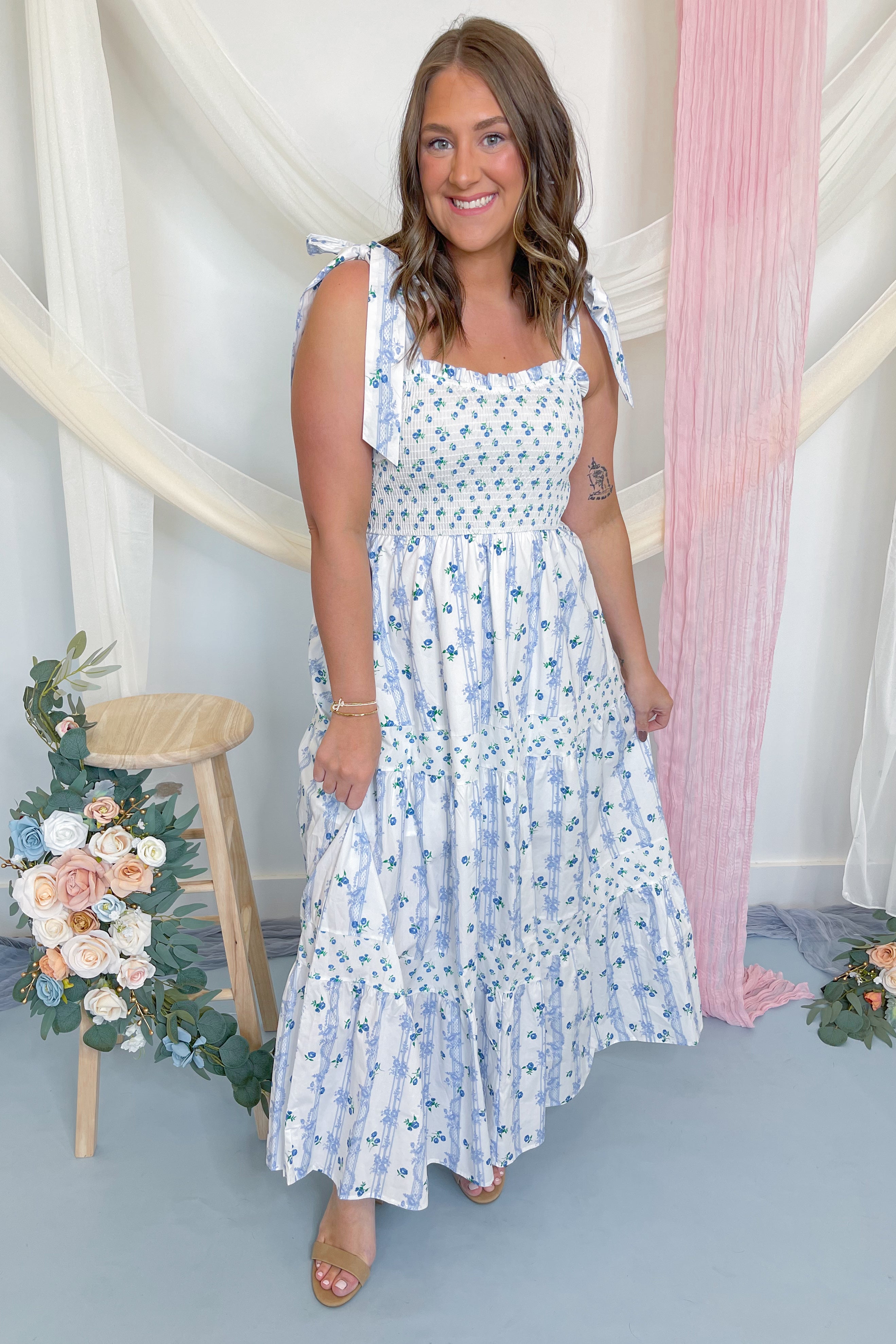 Spring Love Cotton Poplin Floral Tie Shoulder Maxi Dress - Be You Boutique