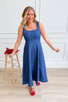BLU PEPPER Randall denim sleeveless midi dress with a casual, relaxed fit and classic denim wash, perfect for everyday wear.