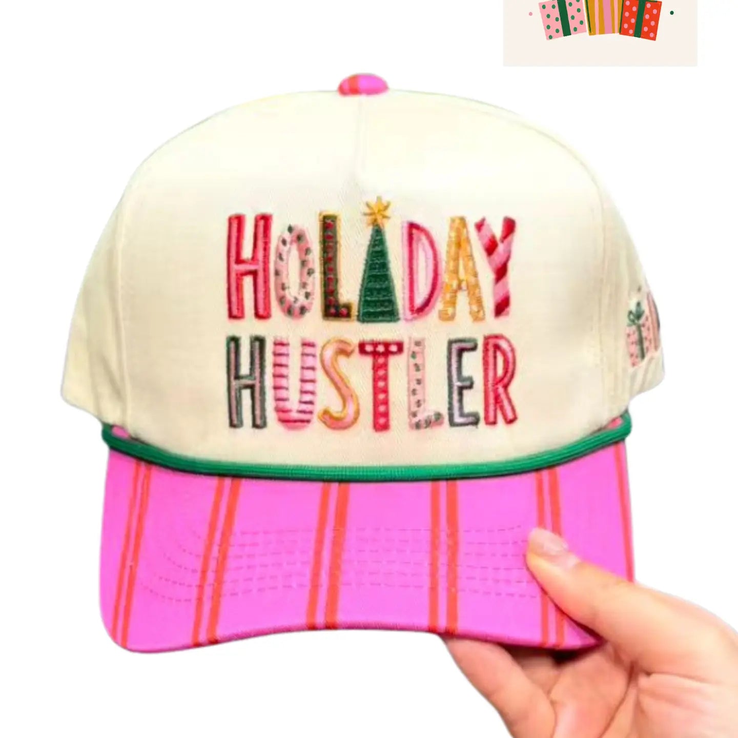 Holiday Hustler canvas hat from SUMMER TEES with a wide brim and vibrant holiday-themed design, perfect for summer accessories.
