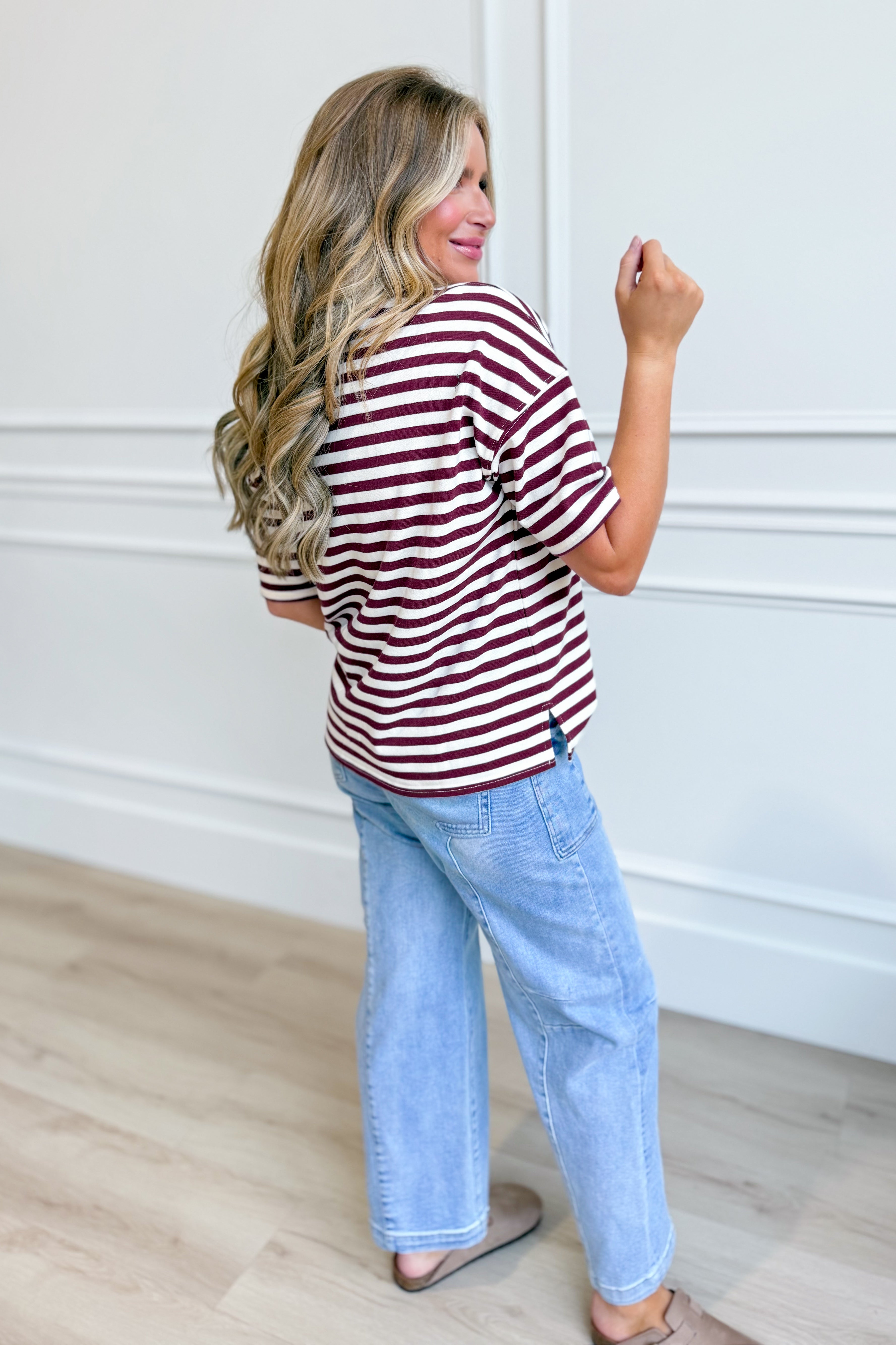 BLU PEPPER Ryan Burgundy Color Block Casual Top, 105 style, featuring a stylish burgundy and neutral color block design.