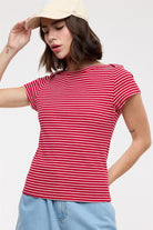 WISHLIST Jimmy striped boat neck casual top, featuring a classic striped pattern and boat neckline, displayed on a hanger.