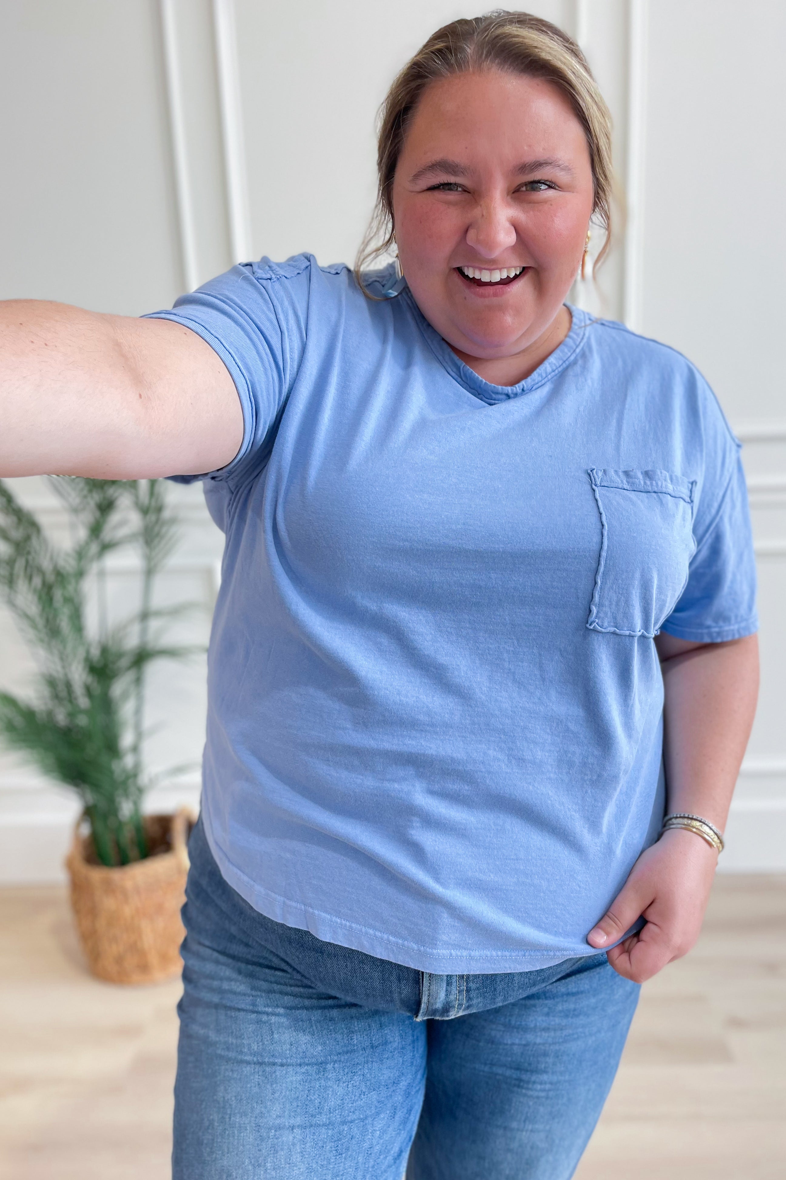 Clara Short Sleeve Washed Knit Pocket Tee - Blue - Be You Boutique