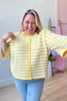 Baevly Lauren yellow striped button-down cardigan top, spring sweater with colorful horizontal stripes and a classic collar.