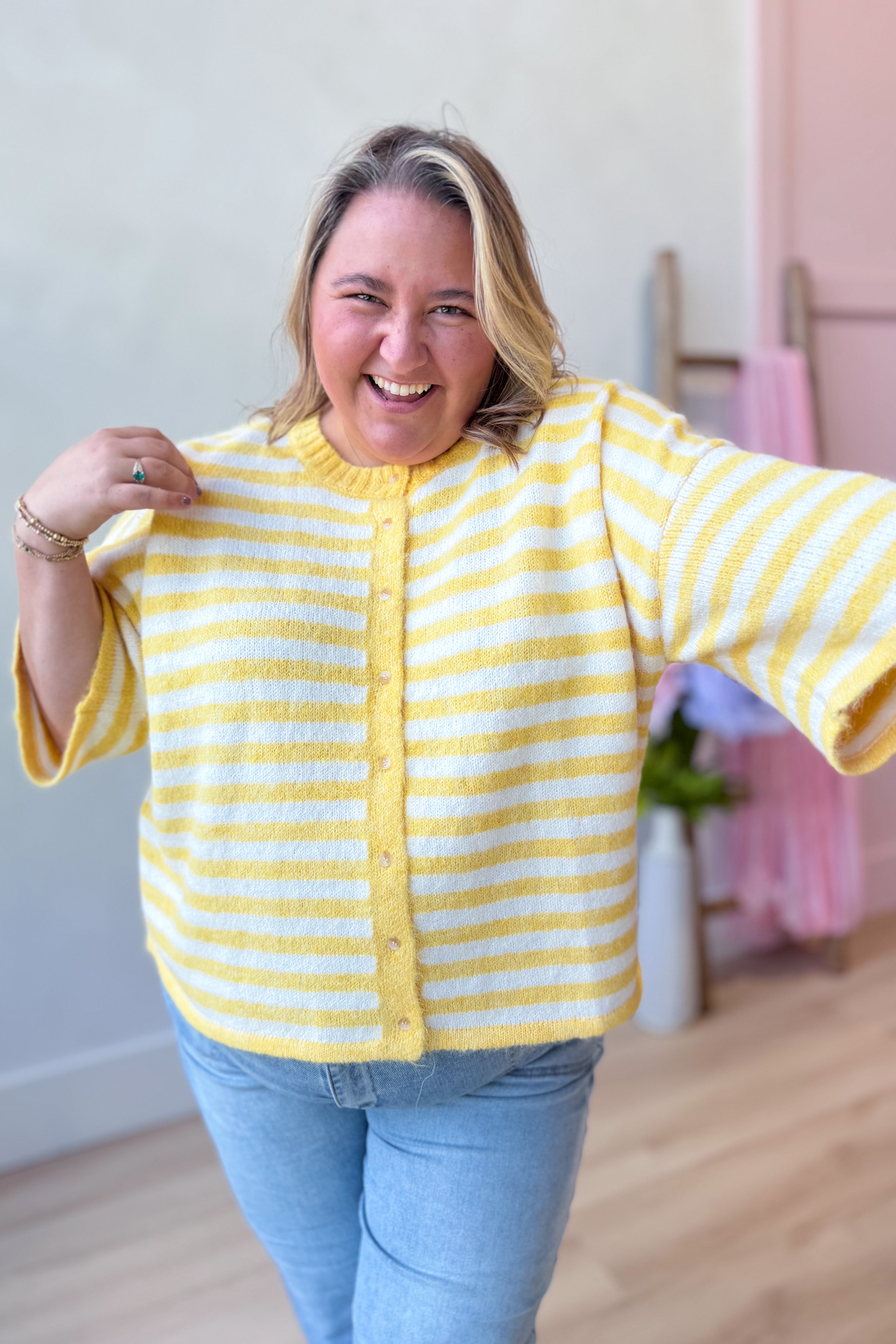Baevly Lauren yellow striped button-down cardigan top, spring sweater with colorful horizontal stripes and a classic collar.
