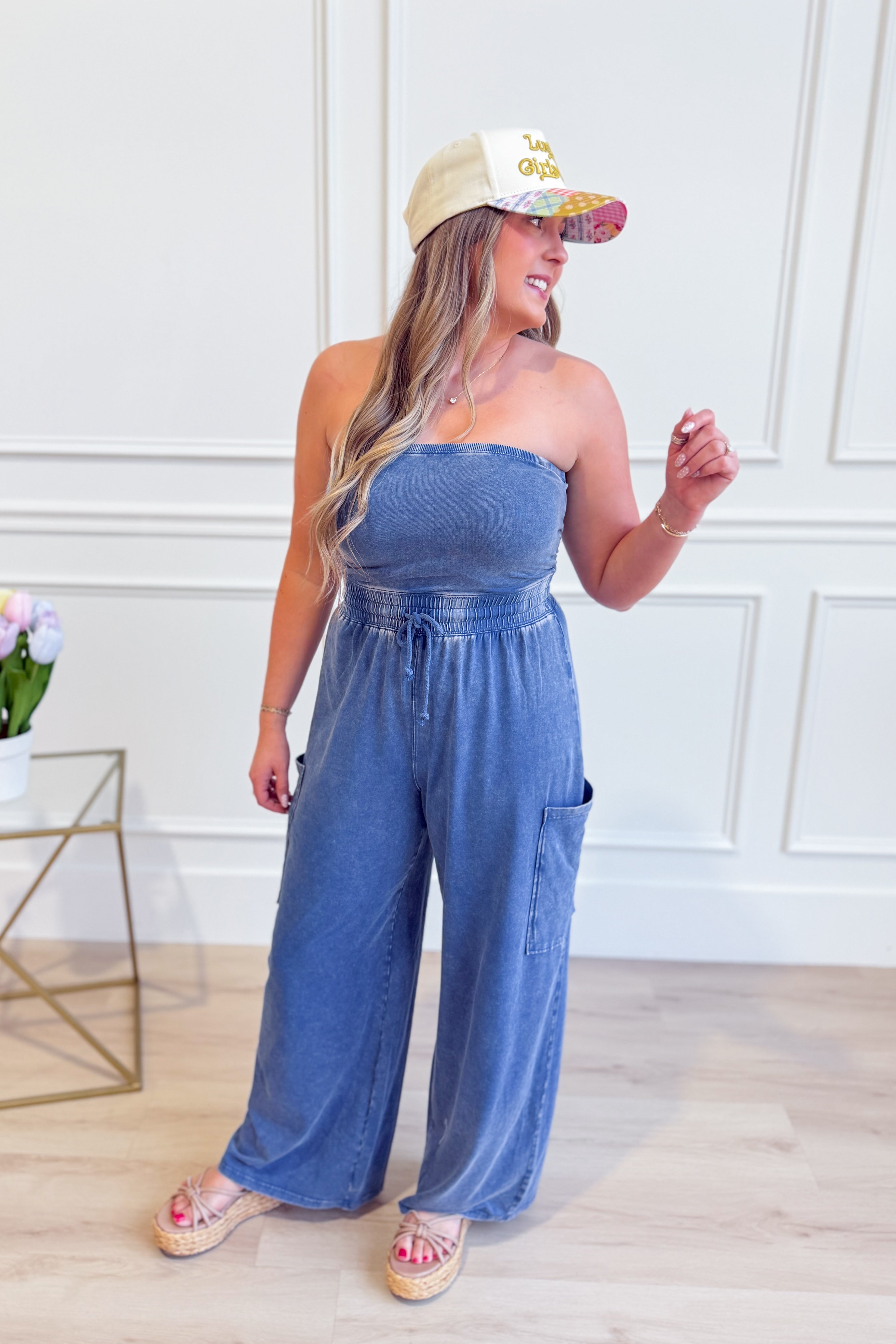 HYFVE Joni Strapless Mineral Washed Jumpsuit from 153 Rompers, featuring a stylish strapless design and mineral wash finish.