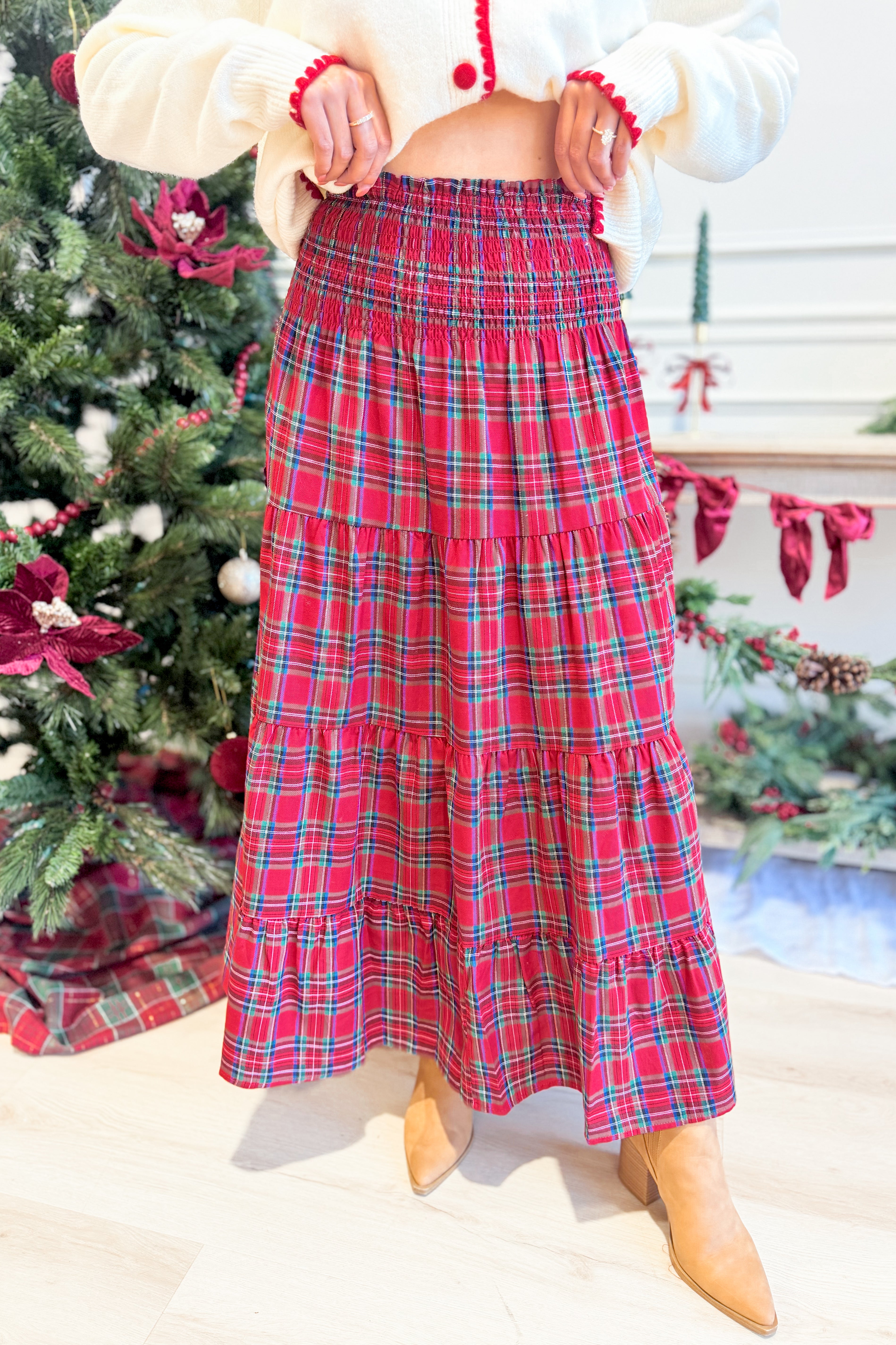 TWENTIFOURTH Sutton plaid tiered midi skirt featuring a stylish layered design and classic plaid pattern.
