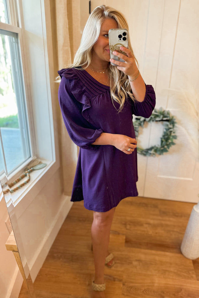 Luca Solid Balloon Long Sleeve Dress with Ruffle Details - Be You Boutique