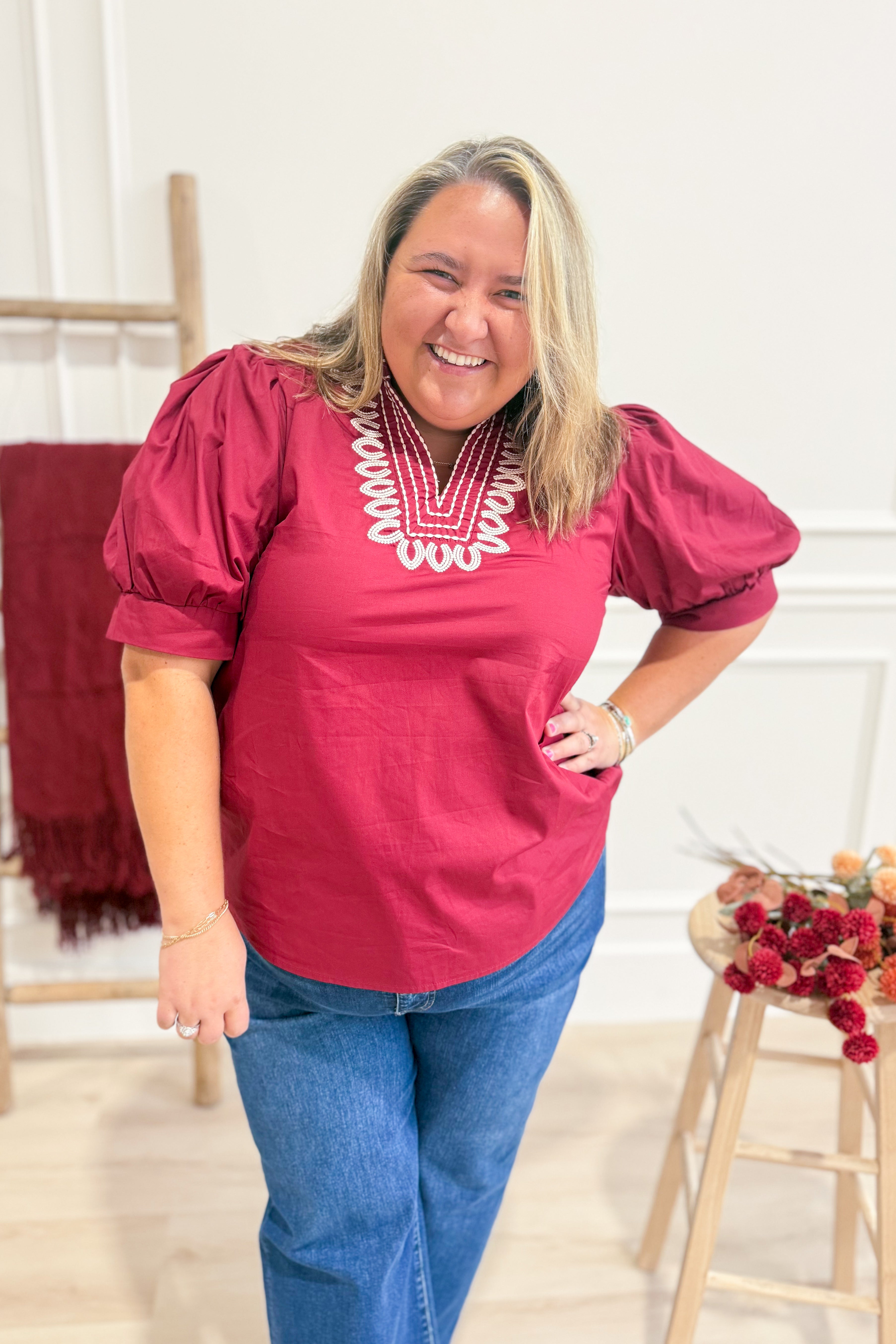 Savannah Puff Sleeve Embroidered Top - Be You Boutique