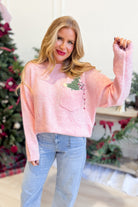 LE LIS Glenda embroidered pocket detail fall sweater in soft knit fabric