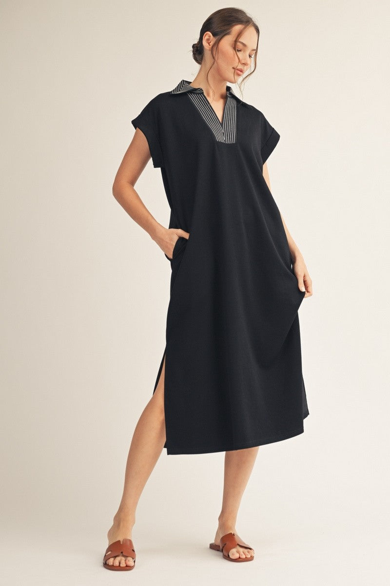 JODIFL Lisa stitch detail side slit casual dress showcasing a relaxed fit with stitched accents and a side slit design.