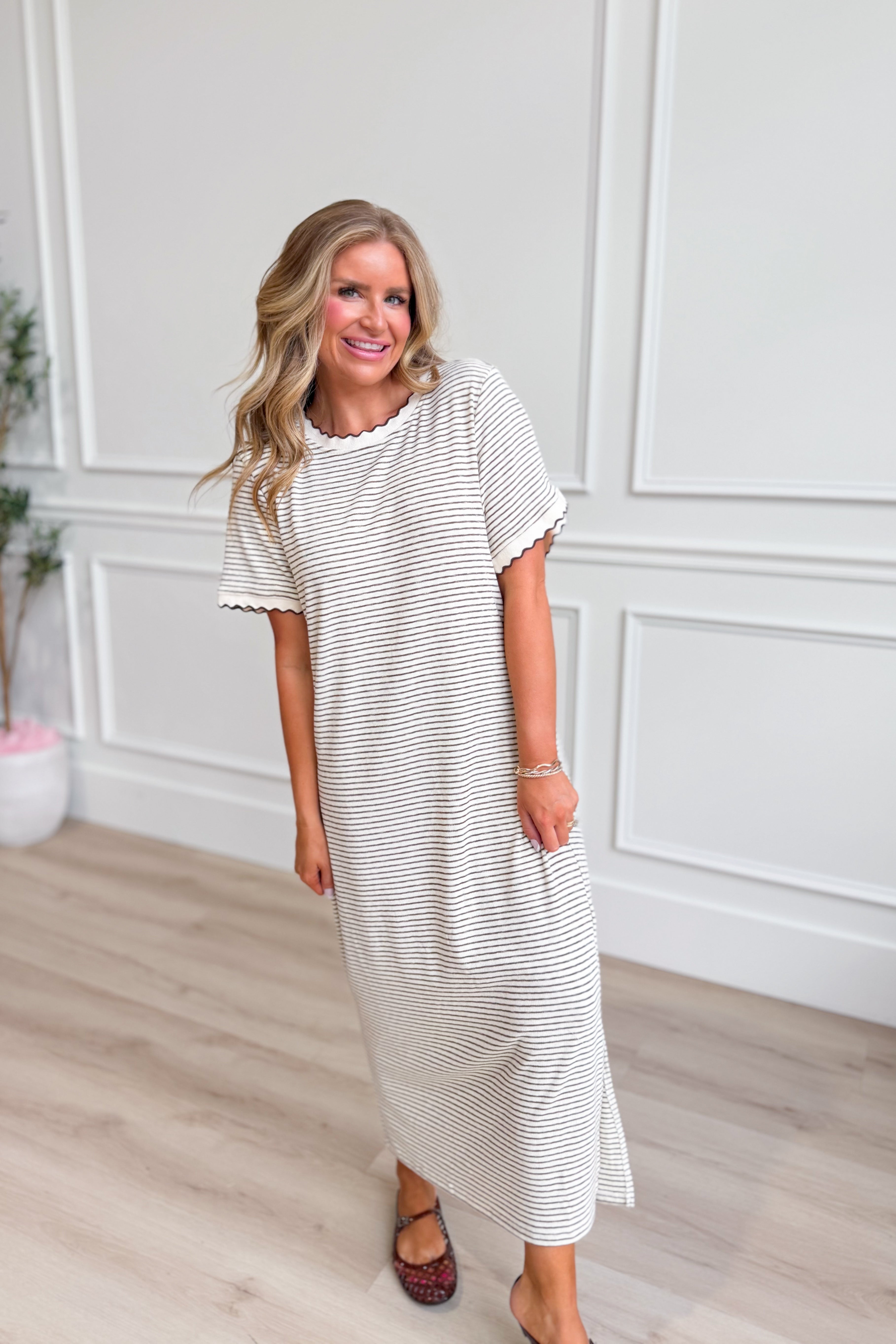 Baevely Piper cream striped short sleeve midi dress with casual style, featuring a comfortable fit and stylish pattern.