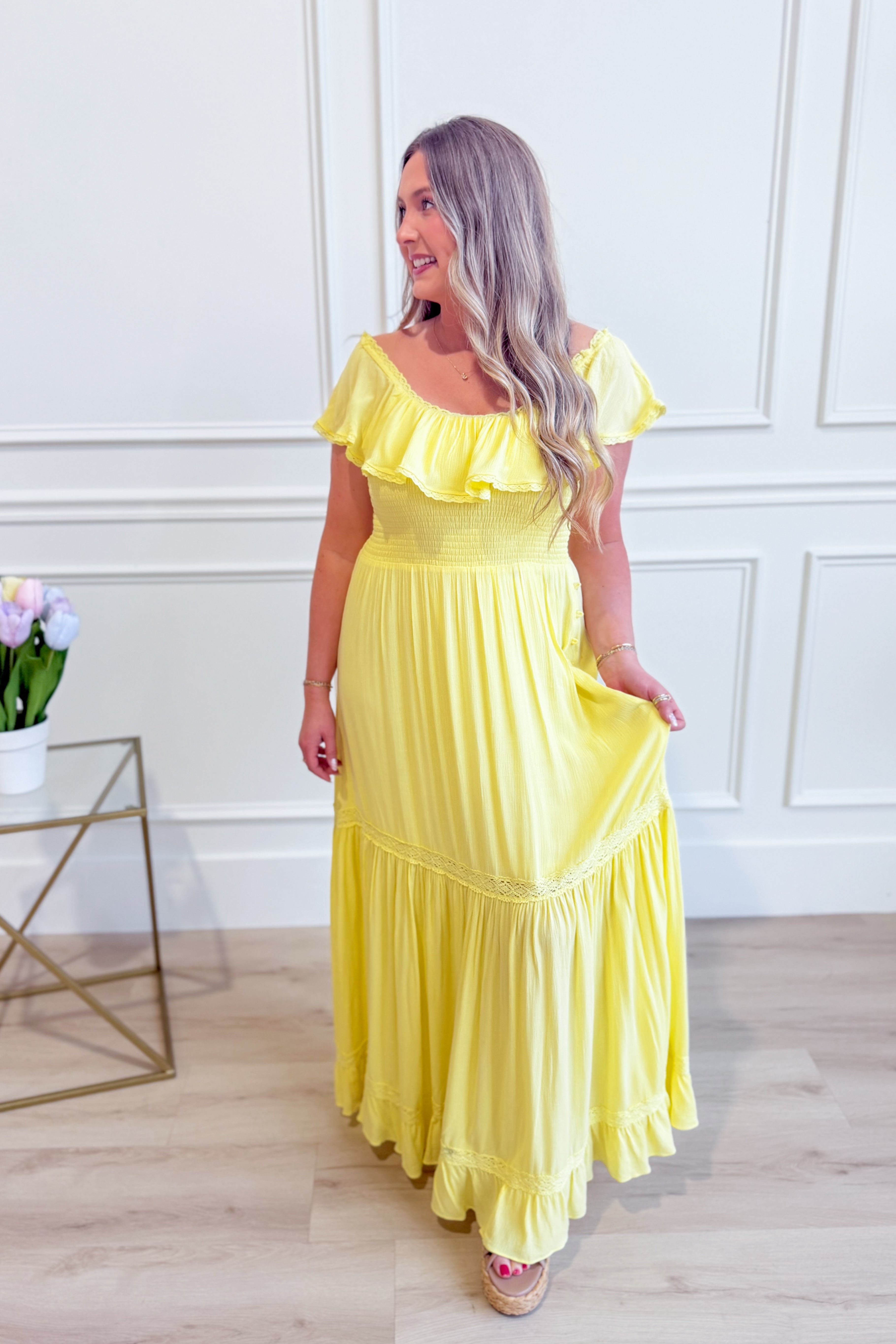 IN LOOM Randy Ruffled Flounce Collar Maxi Dress with flowing fabric, ruffled collar, and elegant silhouette for dressy occasions.