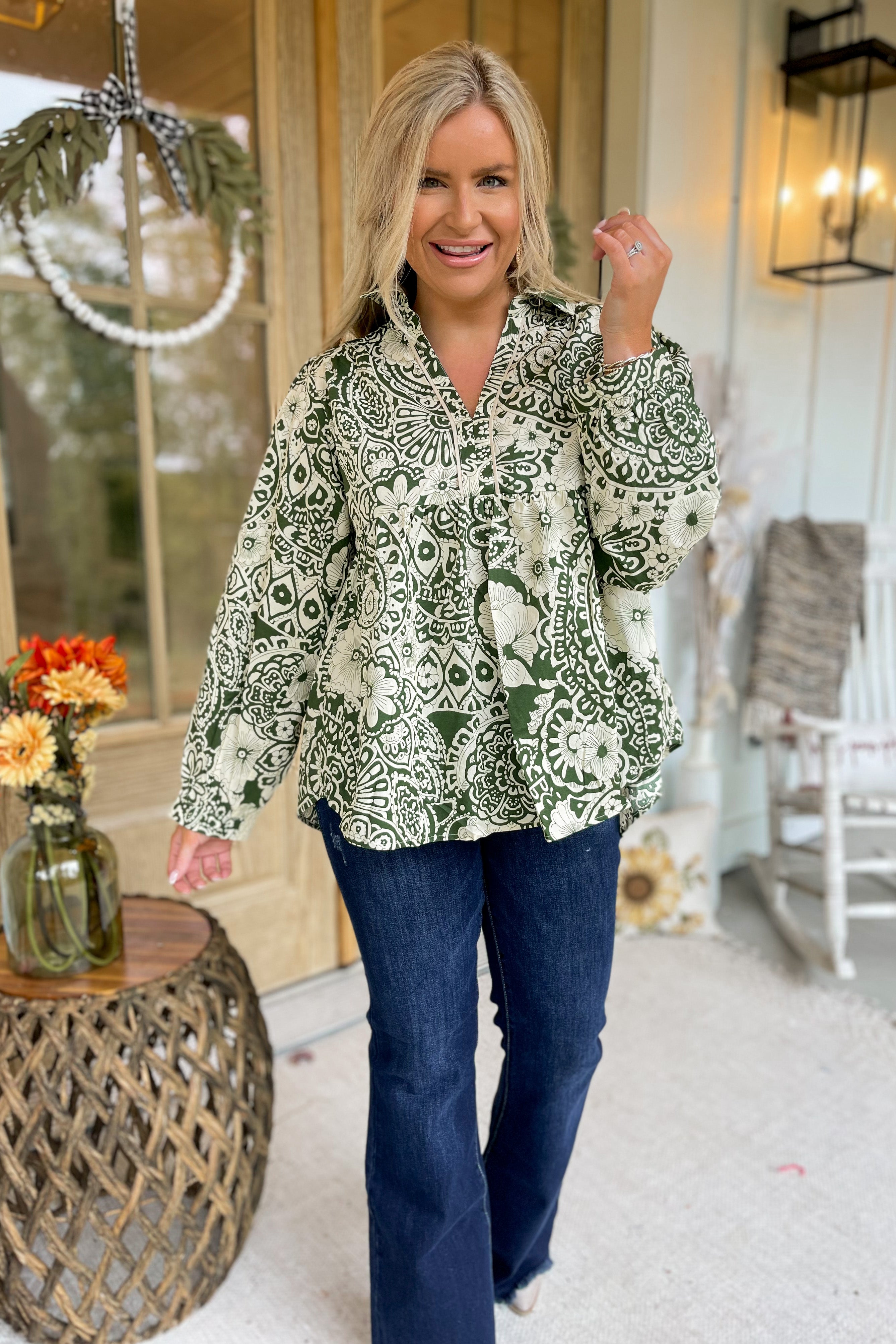 Burke Mixed Print Babydoll V Notch Collared Long Sleeve Top - Be You Boutique