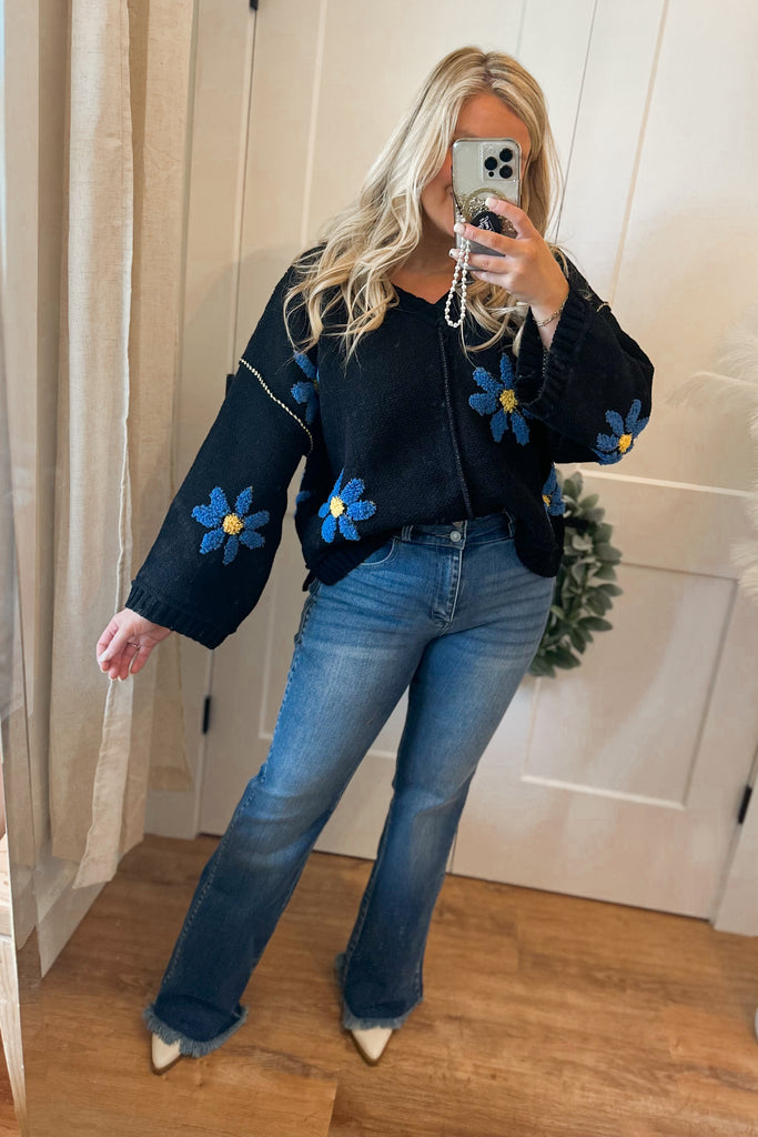 Emmett V Neck Floral Chenille Pullover Sweater - Be You Boutique