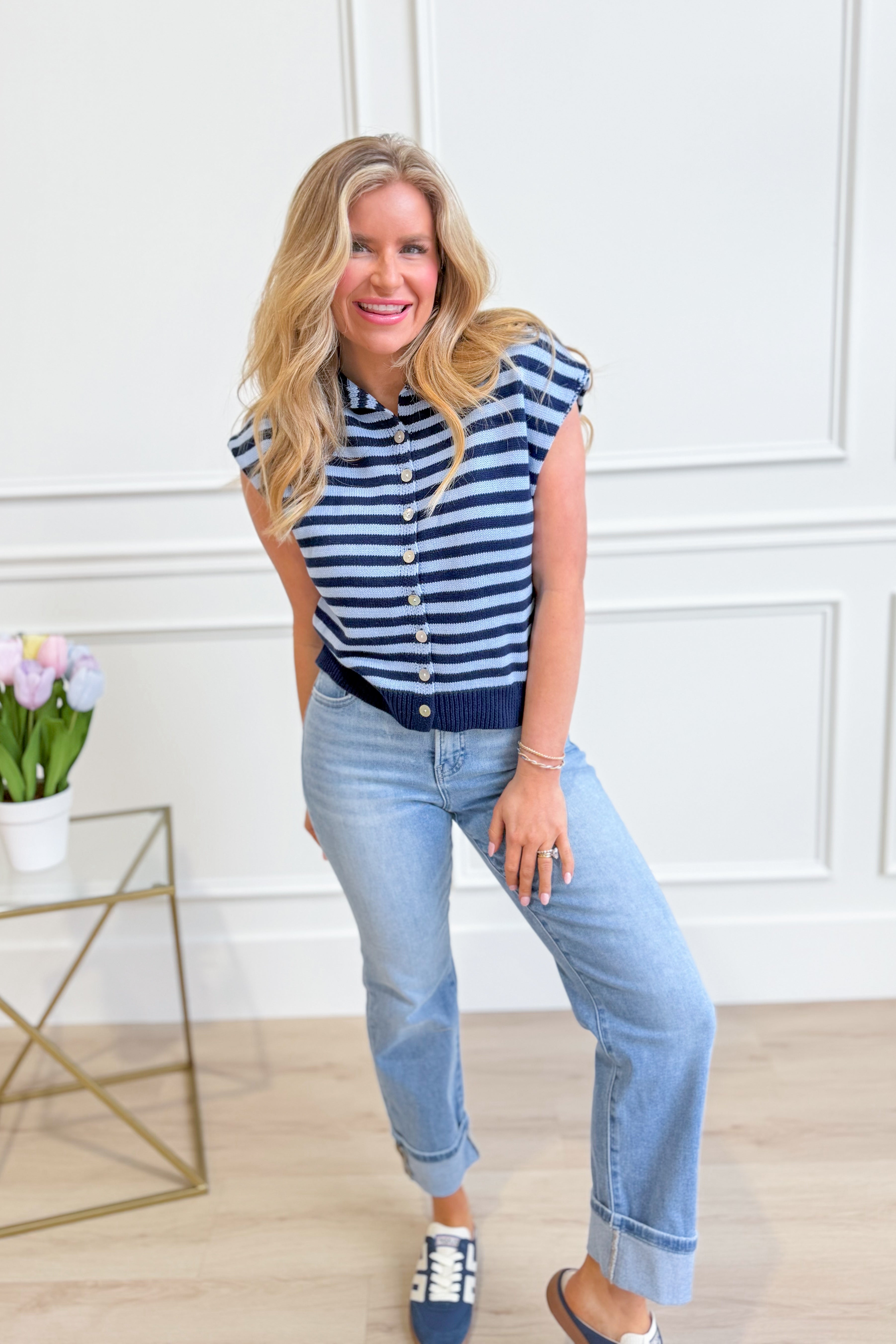 ENTRO Maggie striped button-down top, casual 105 top with long sleeves and front buttons, styled on a model.