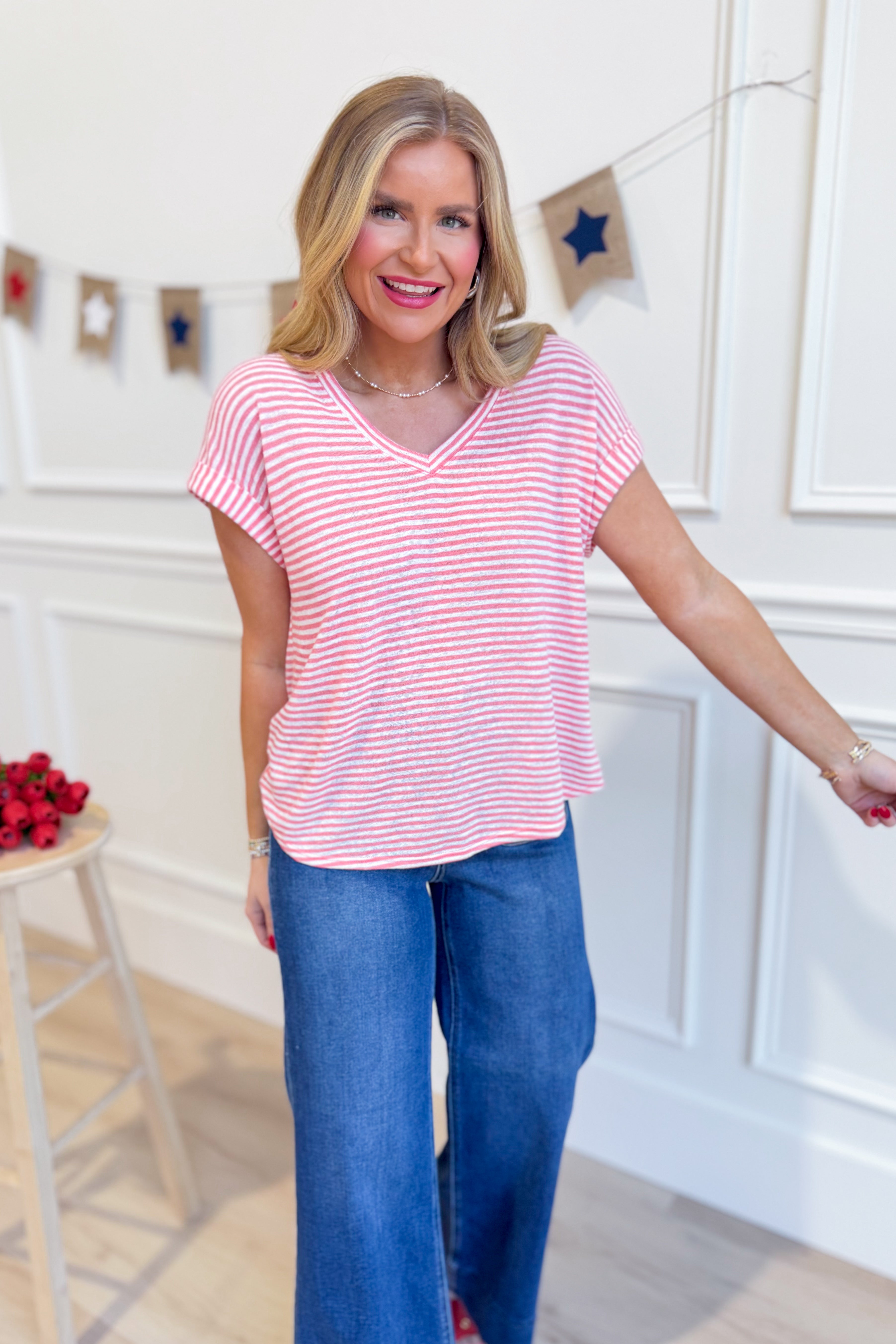 Wasabi & Mint Cindy striped short sleeve casual top with a relaxed fit and colorful horizontal stripes.