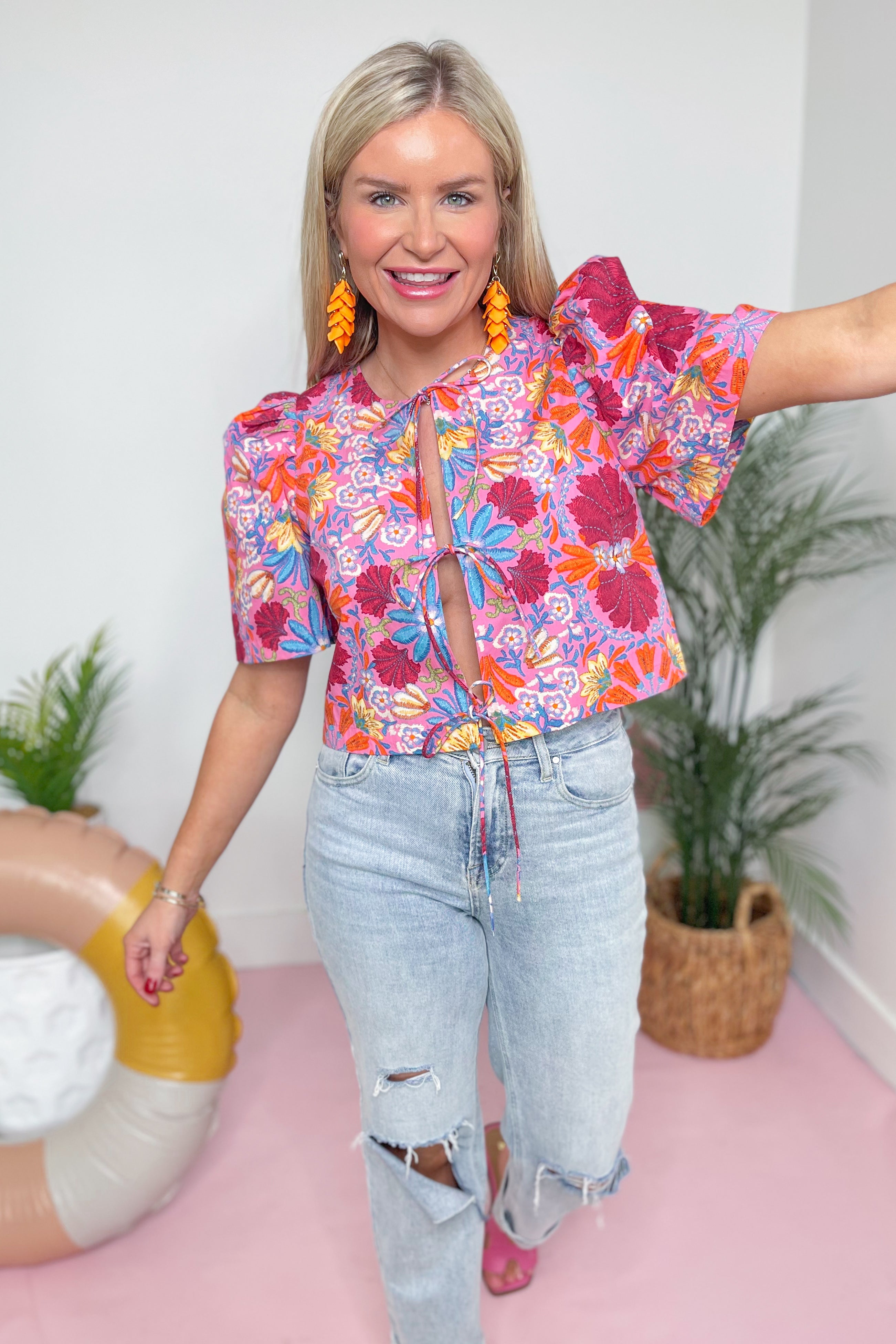 Isabella Floral Print Tie Front Top - Be You Boutique