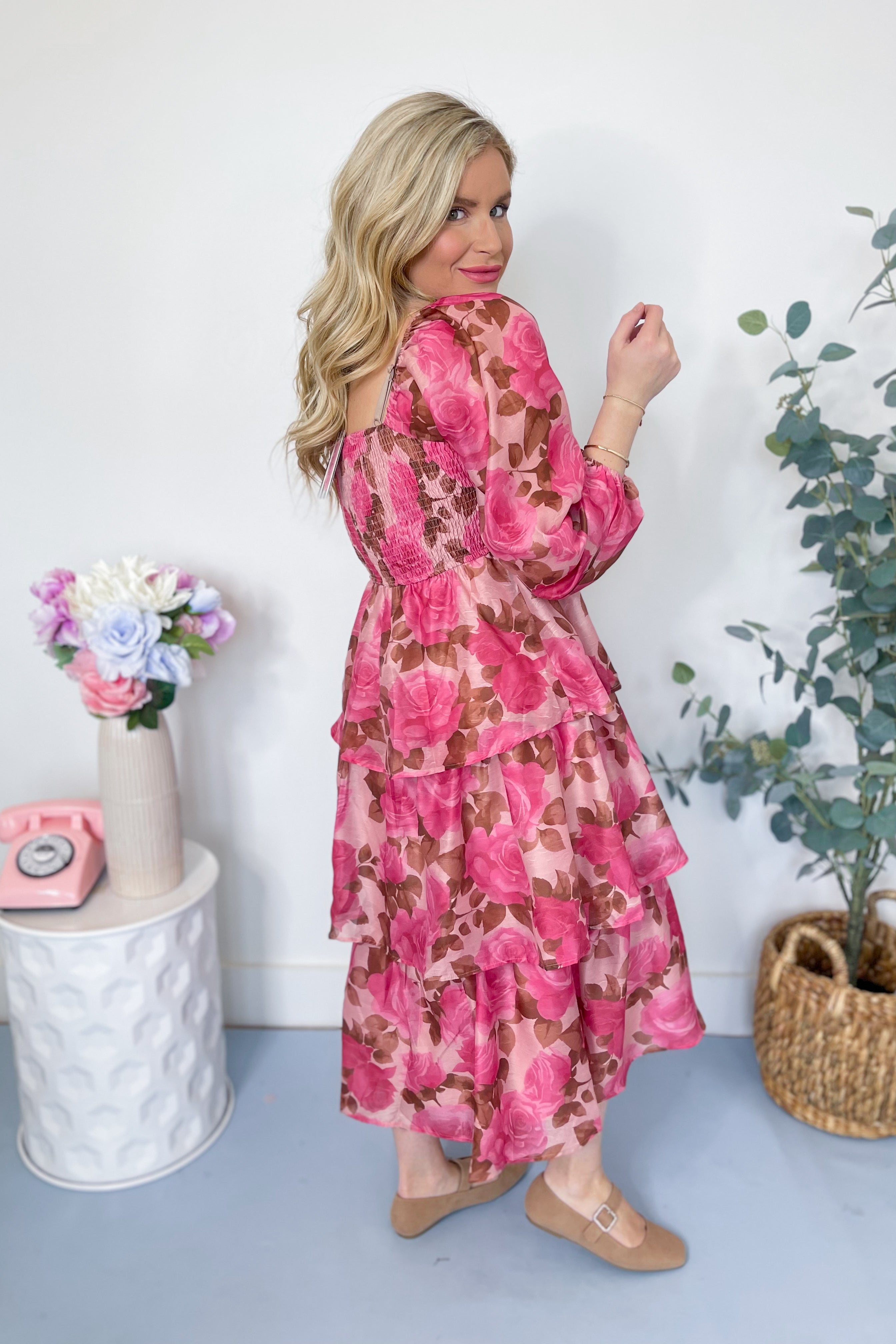 Linda Jacquard Chiffon Rose Printed Tiered Maxi Dress - Be You Boutique