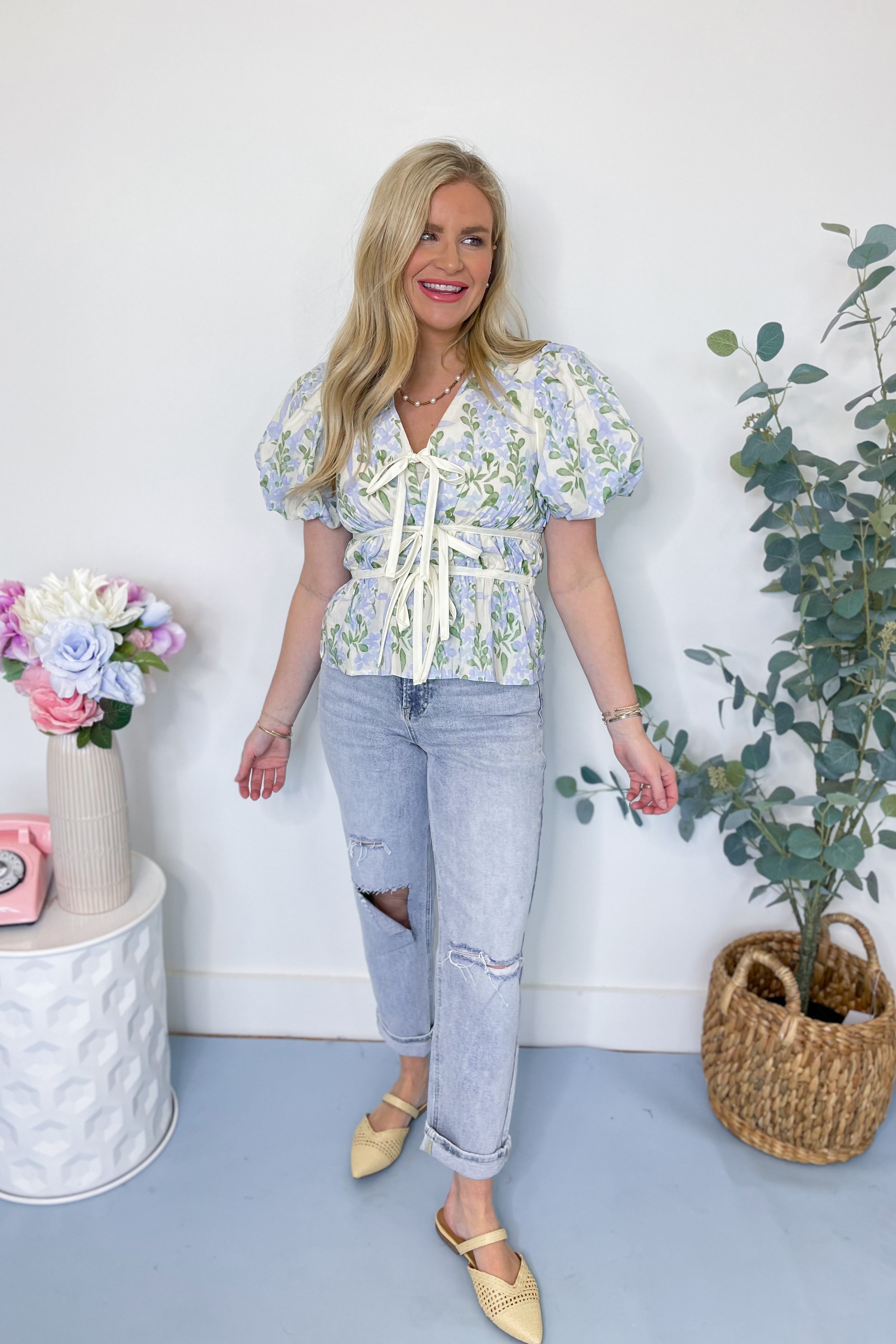 Pamela Floral Tie Front Puff Sleeve Top - Be You Boutique