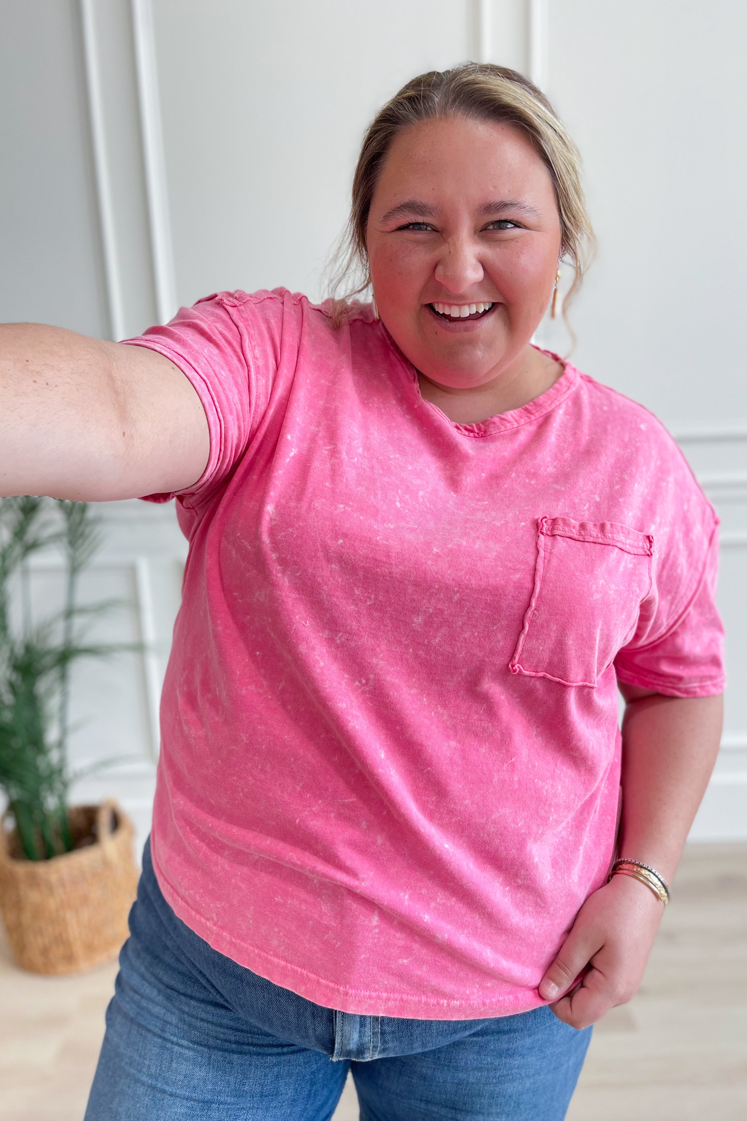 Clara Short Sleeve Washed Knit Pocket Tee - Pink - Be You Boutique