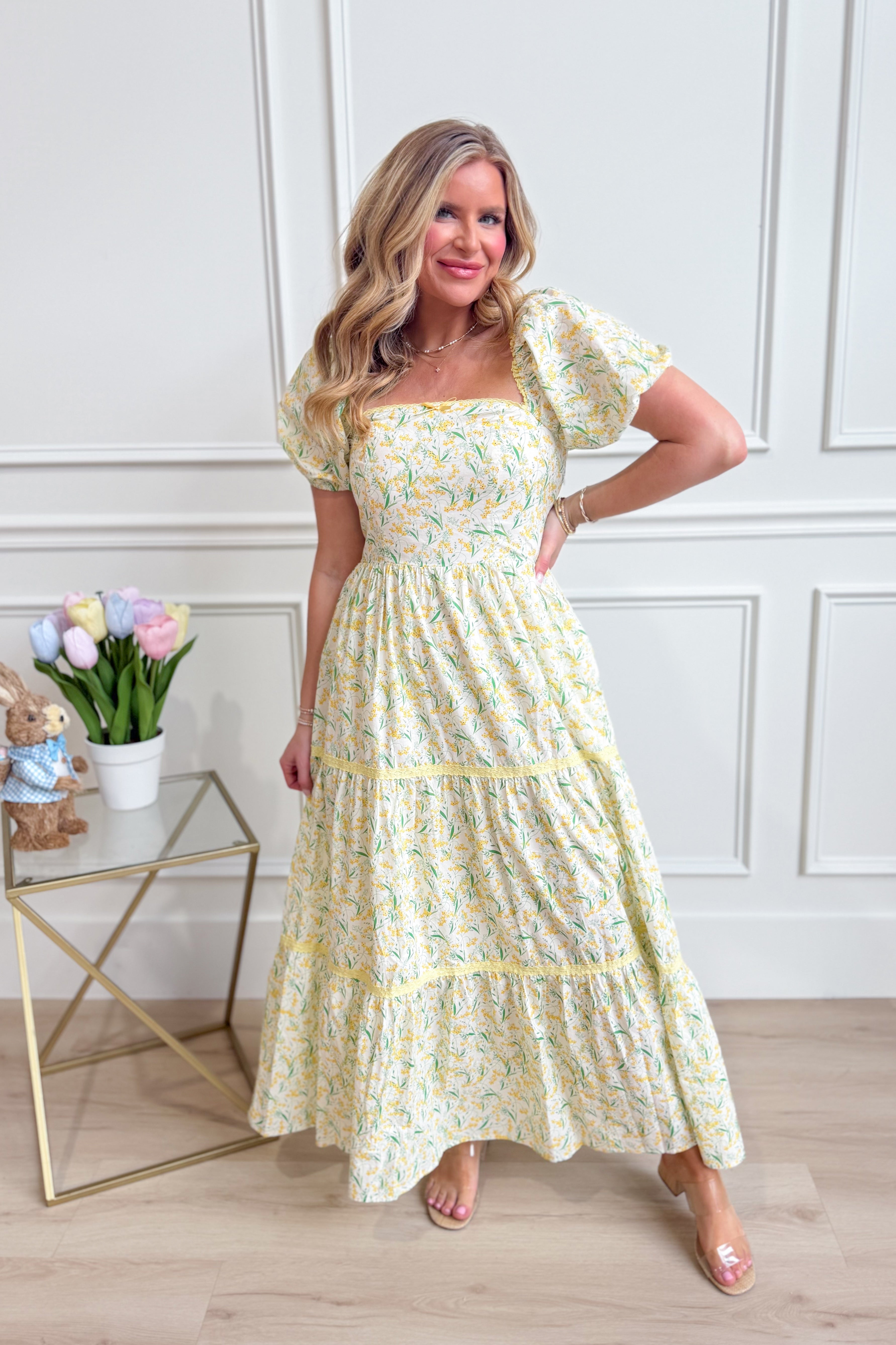 IN LOOM Bloom floral square neck maxi dress featuring a vibrant floral pattern and flowing silhouette, perfect for dressy occasions.