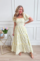 IN LOOM Bloom floral square neck maxi dress featuring a vibrant floral pattern and flowing silhouette, perfect for dressy occasions.