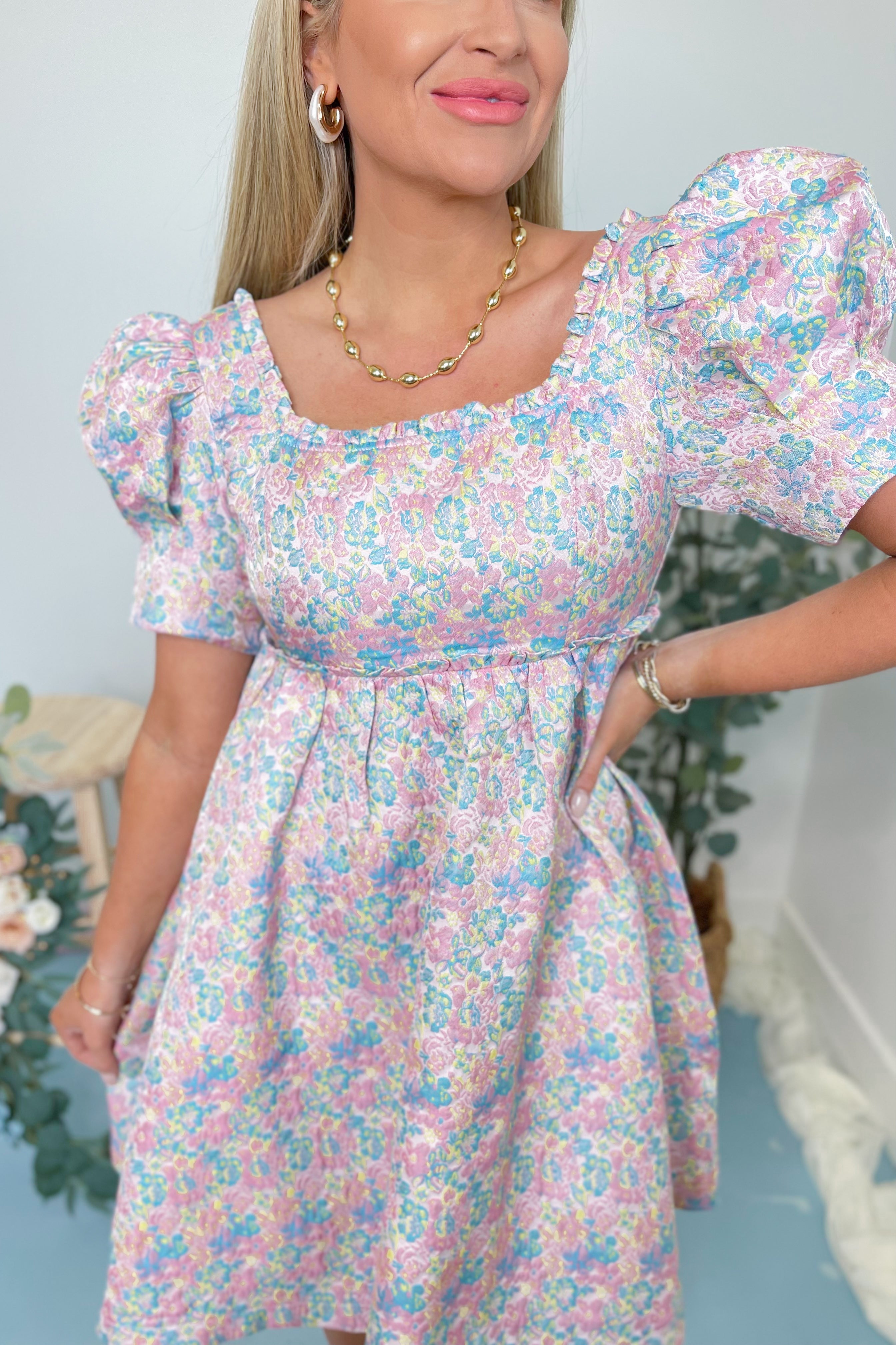 Sadie Floral Bubble Sleeve Scalloped Trim Dress - Be You Boutique