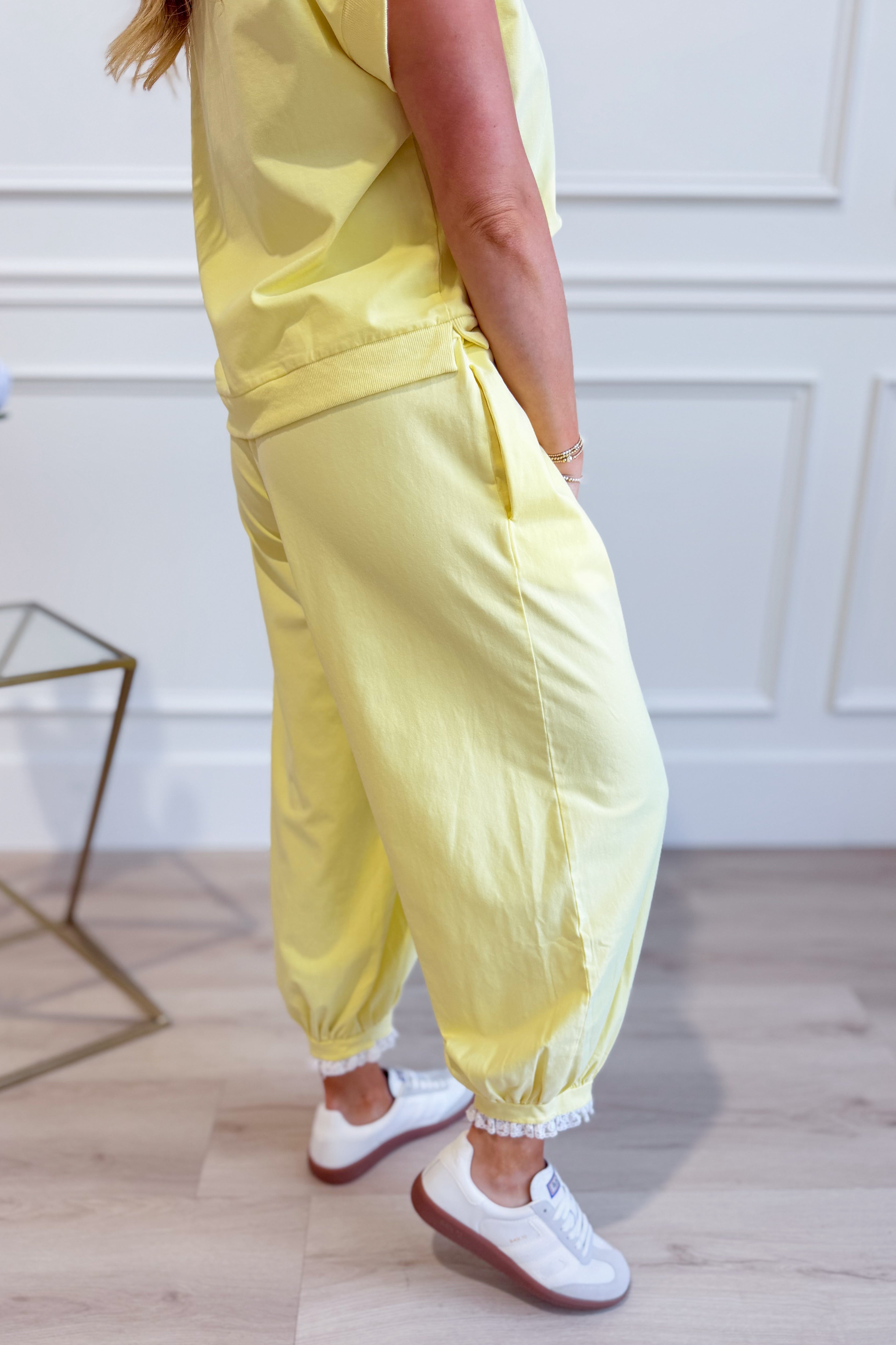 Emily Lace Hem Jogger Pant by EE:SOME, featuring lace details and a relaxed fit in stylish 156 pants style.