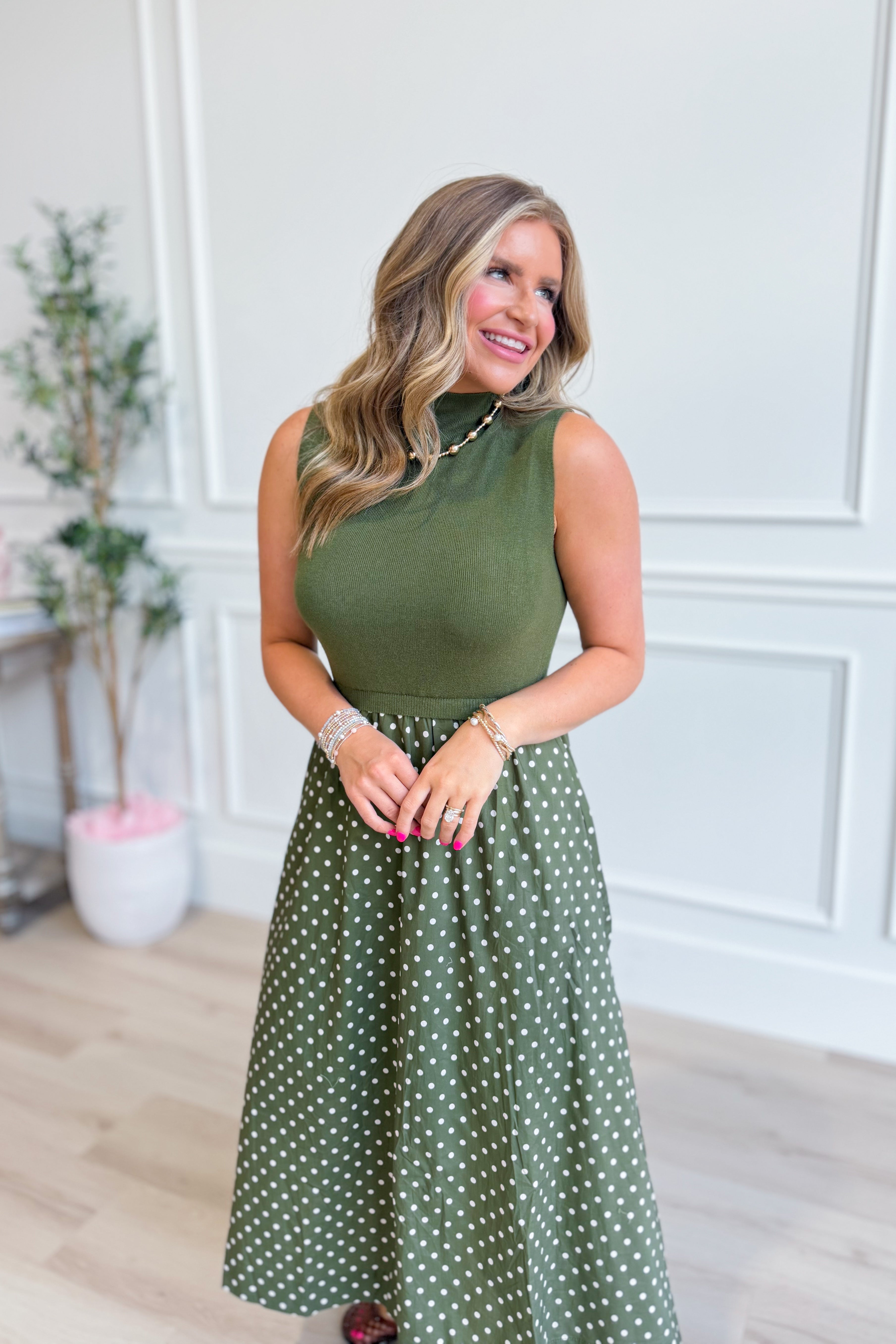 ENTRO Laurel midi dress featuring polka dot print, elegant dressy dress with a flattering fit and stylish design.