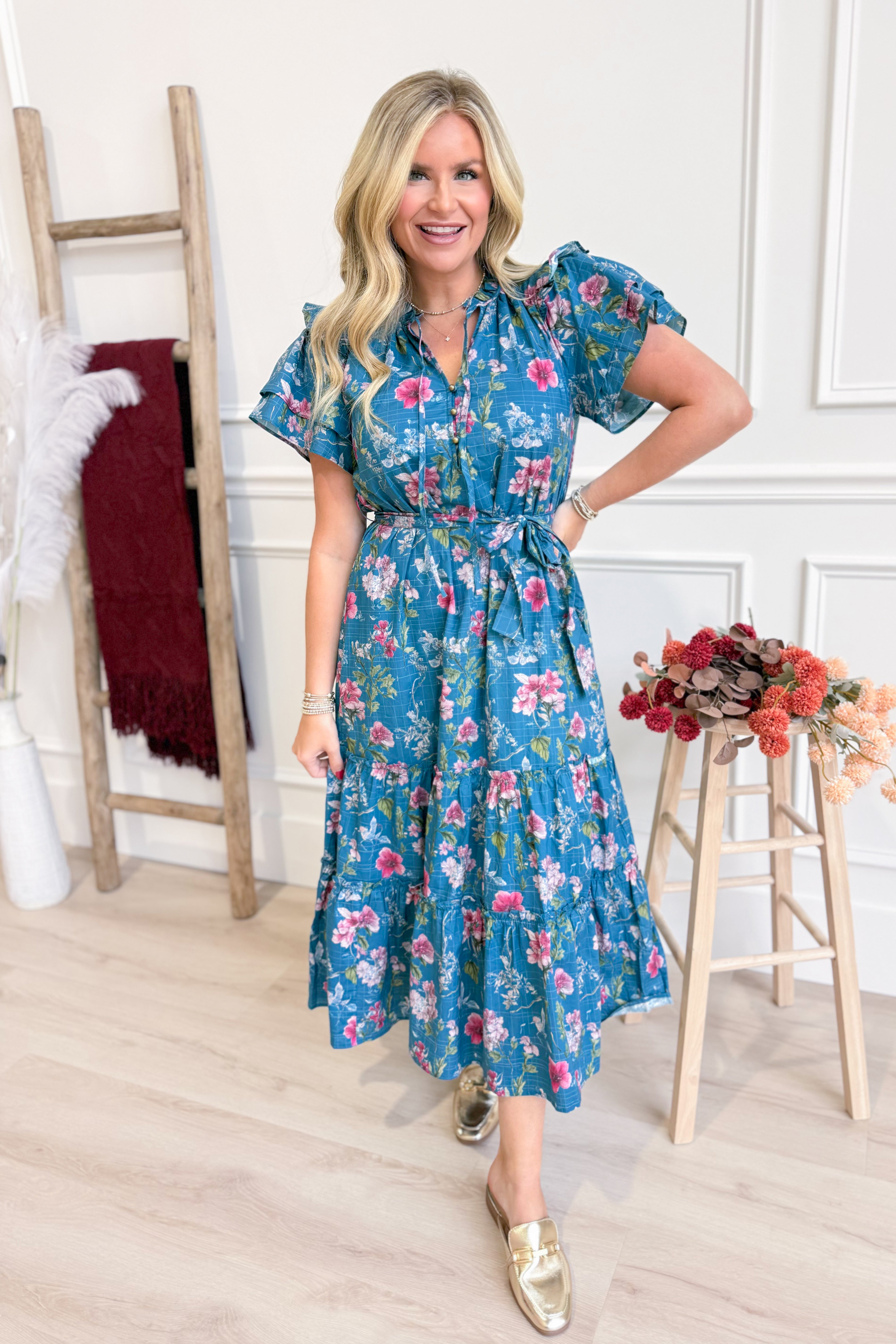 Katherine Floral Flutter Sleeve Dress - Be You Boutique