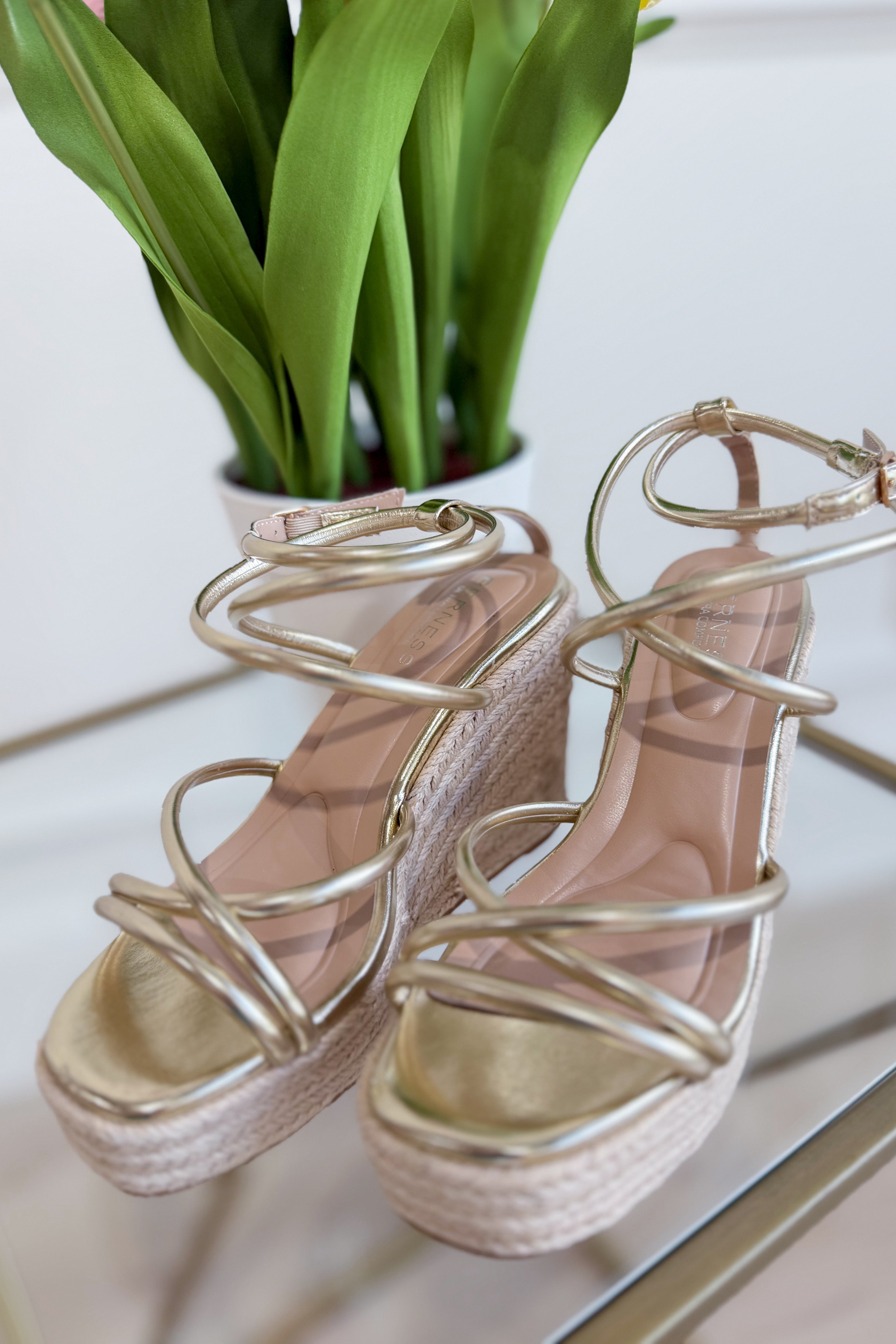 Berness Rhea Gold Wedge Sandal with ankle strap and chunky heel, stylish 212 other shoes for summer wear.