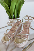 Berness Rhea Gold Wedge Sandal with ankle strap and chunky heel, stylish 212 other shoes for summer wear.