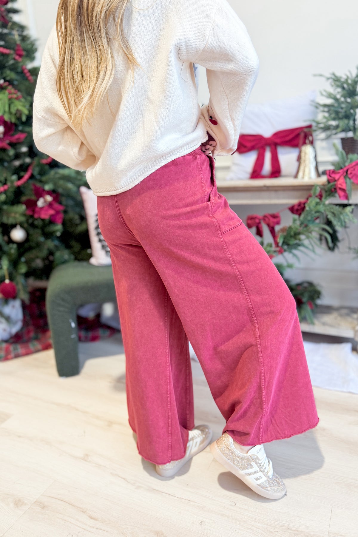EASEL Rachel Boho Red Washed Terry Knit Wide Leg Pants with relaxed fit and wide leg design, shown on a model.