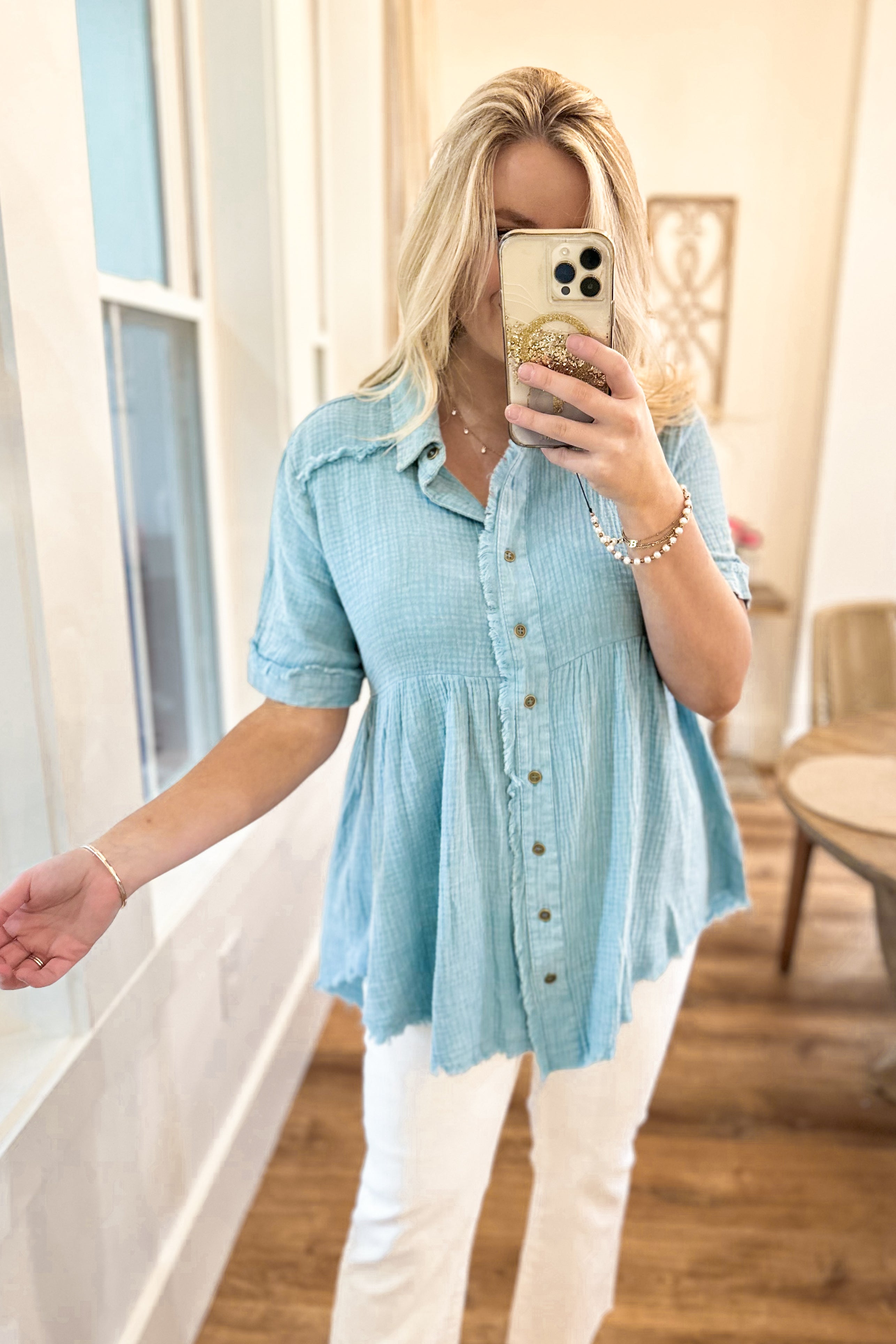 Kinsey Mineral Wash Button Down Tunic Dress Top - Be You Boutique