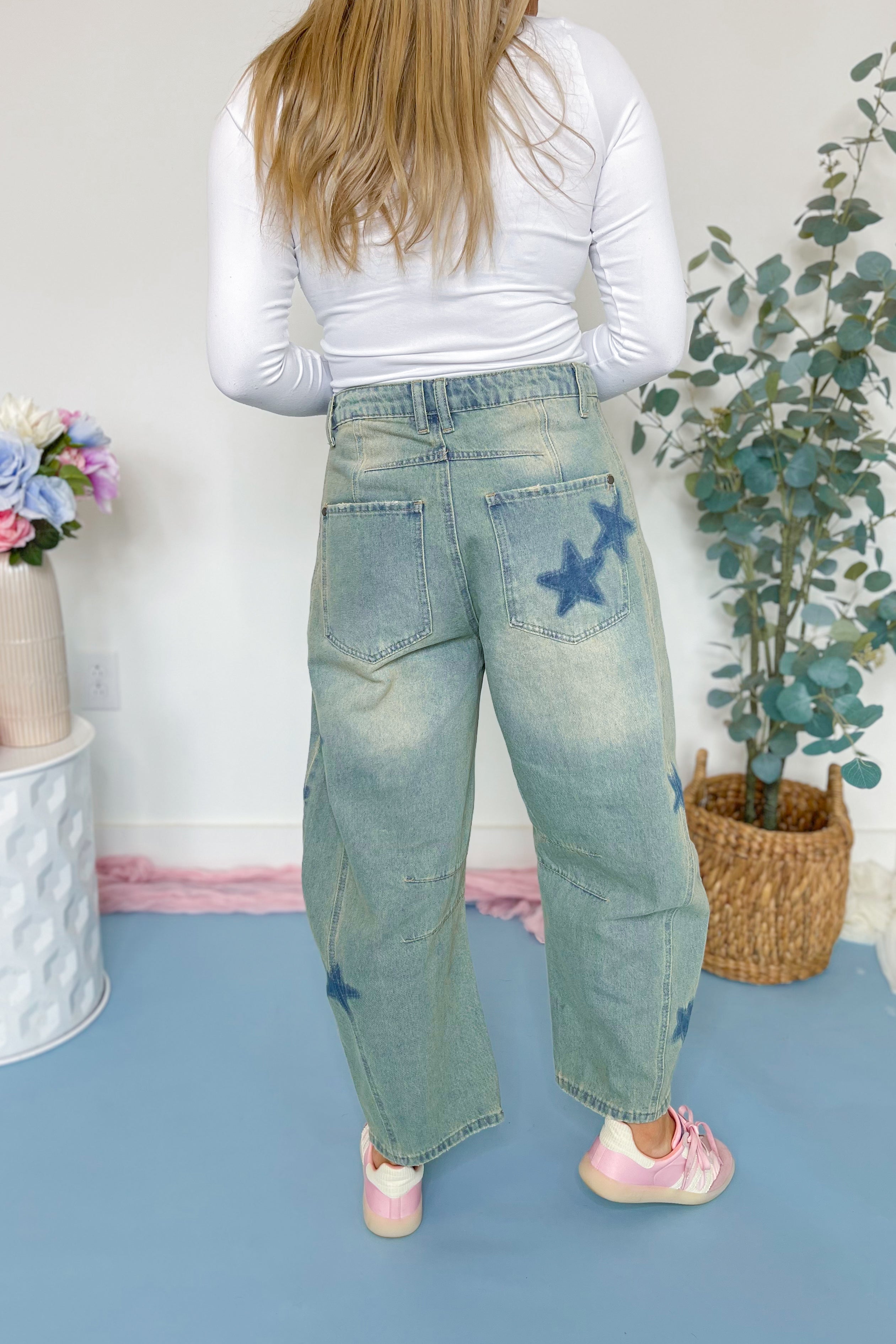 Star Printed Barrel Denim Pants - Be You Boutique