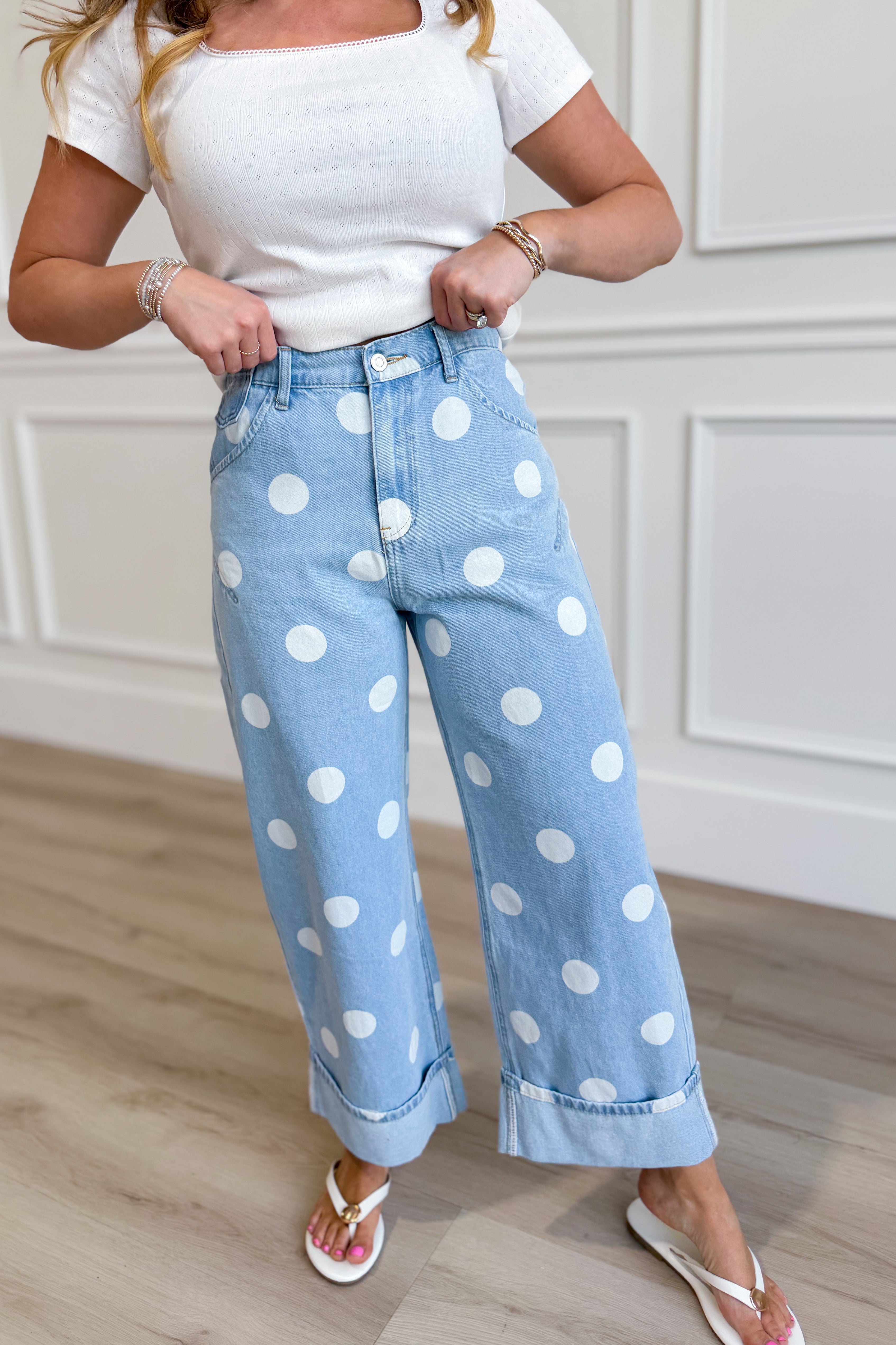 PEACH LOVE Luis Polka Dot Rolled Hem Barrel Pants from 147 Novelty Jeans collection, featuring polka dot pattern and casual rolled hem style.
