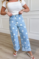 PEACH LOVE Luis Polka Dot Rolled Hem Barrel Pants from 147 Novelty Jeans collection, featuring polka dot pattern and casual rolled hem style.