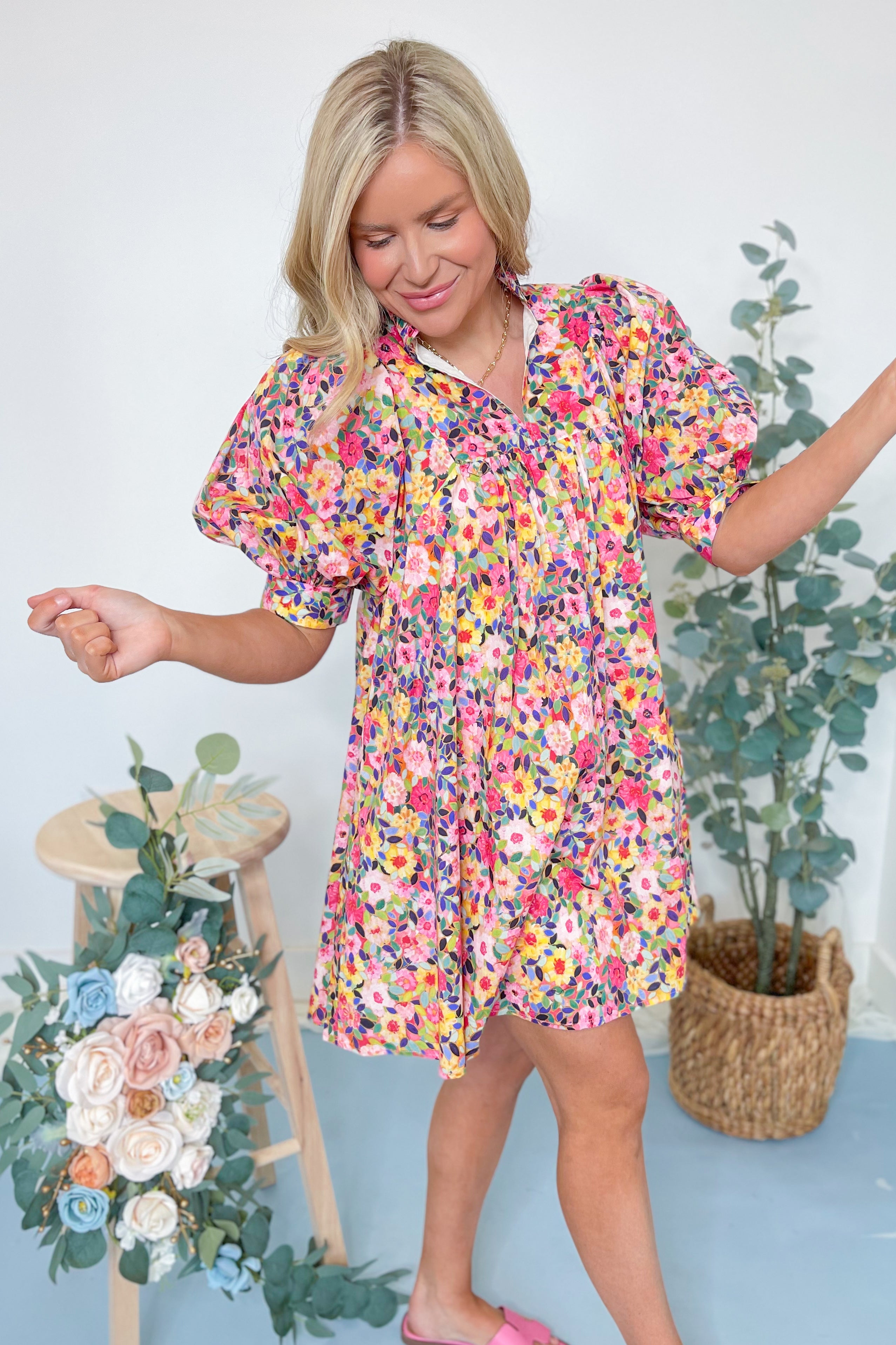 Mia Floral Print Ruffle Neck Dress - Be You Boutique