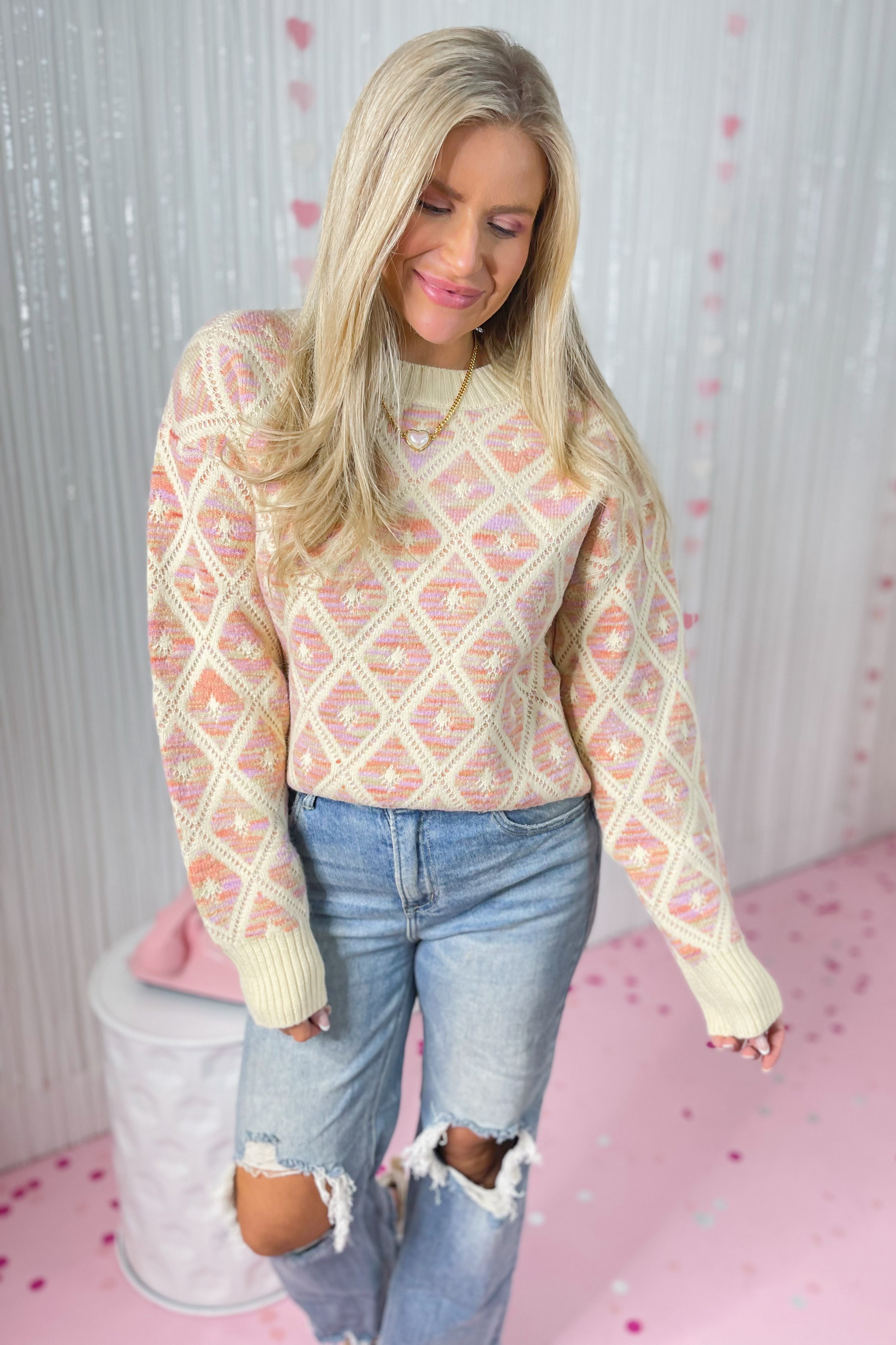 Kara Pointelle Diamond Long Sleeve Sweater - Be You Boutique
