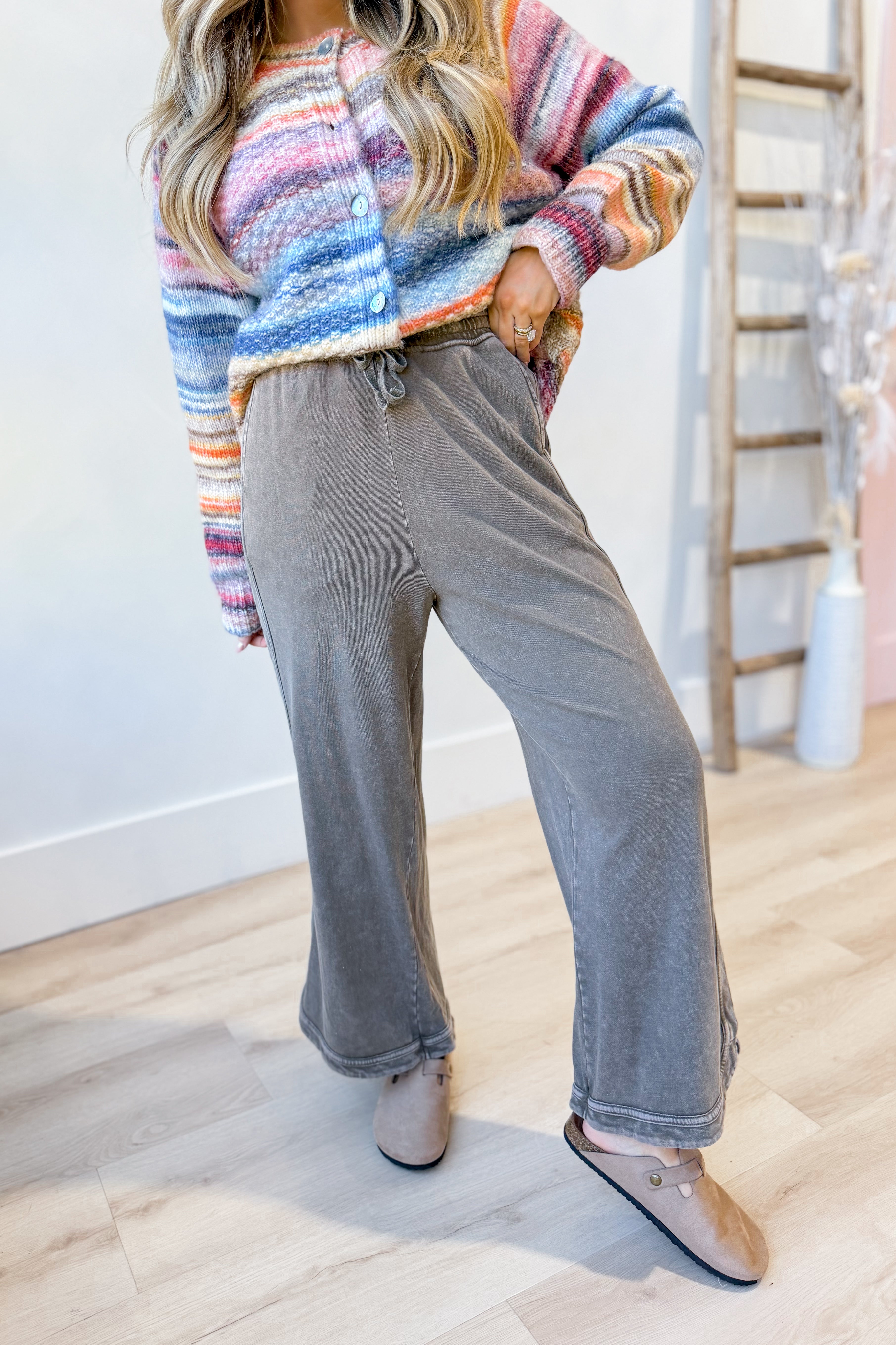 EASEL Cooper Dk Chocolate washed terry knit pants, 156 style, showing relaxed fit and textured fabric in a rich dark chocolate color.