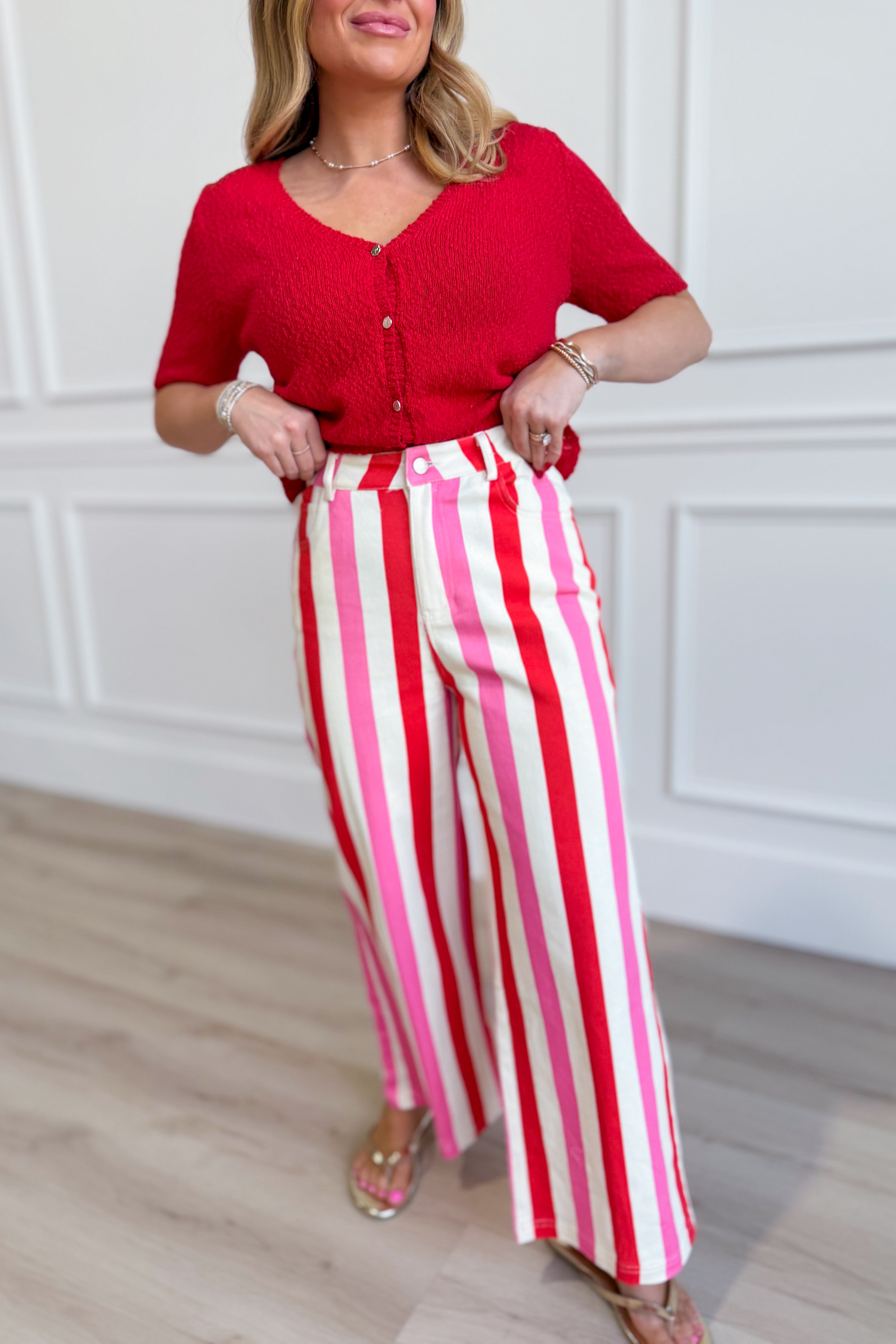 ENTRO Posie Pink Striped Straight Leg Pants from 147 Novelty Jeans collection, featuring pink and white stripes and a relaxed fit.