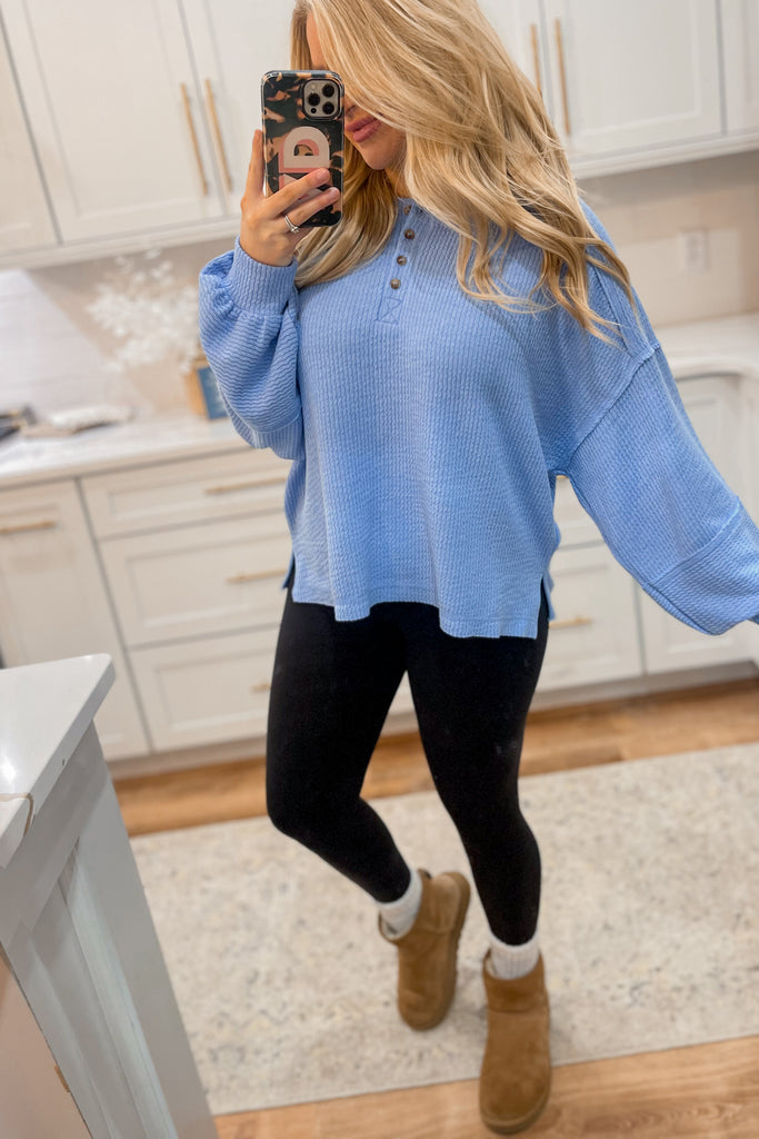 Riley Relaxed Rib Knit Long Sleeve Henley Top - Be You Boutique