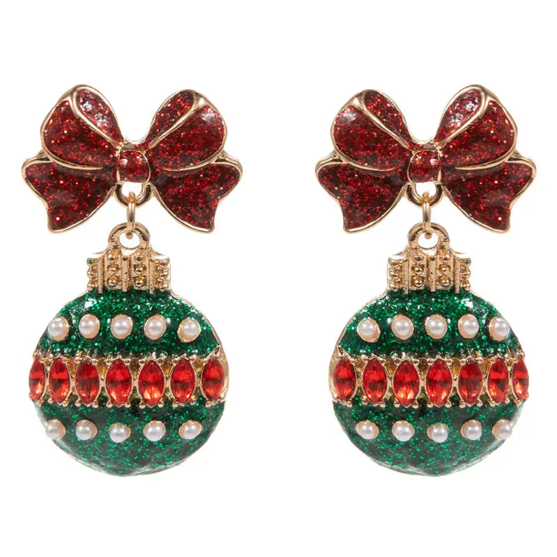 Red and Green Rhinestone Bow Ornament Earring - Be You Boutique