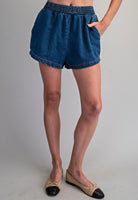 EE:SOME Brandi Denim Elastic Waist Shorts, 152 shorts with a comfortable fit and stylish design, shown in a natural pose.