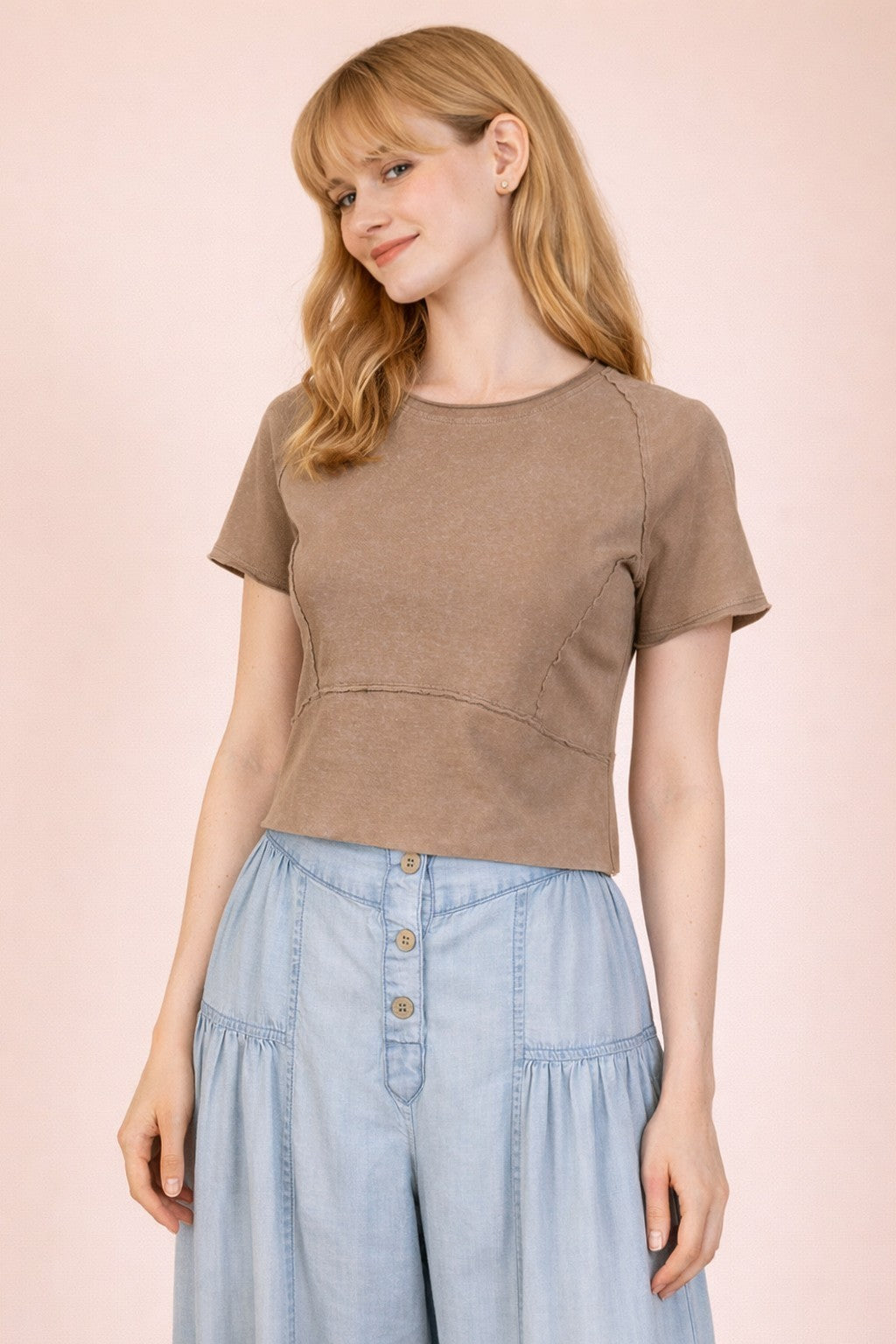 Olivia Mocha Mineral Washed Short Sleeve Top by VERY J, casual 105 top, shown in a relaxed fit with short sleeves and soft fabric.