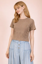 Olivia Mocha Mineral Washed Short Sleeve Top by VERY J, casual 105 top, shown in a relaxed fit with short sleeves and soft fabric.