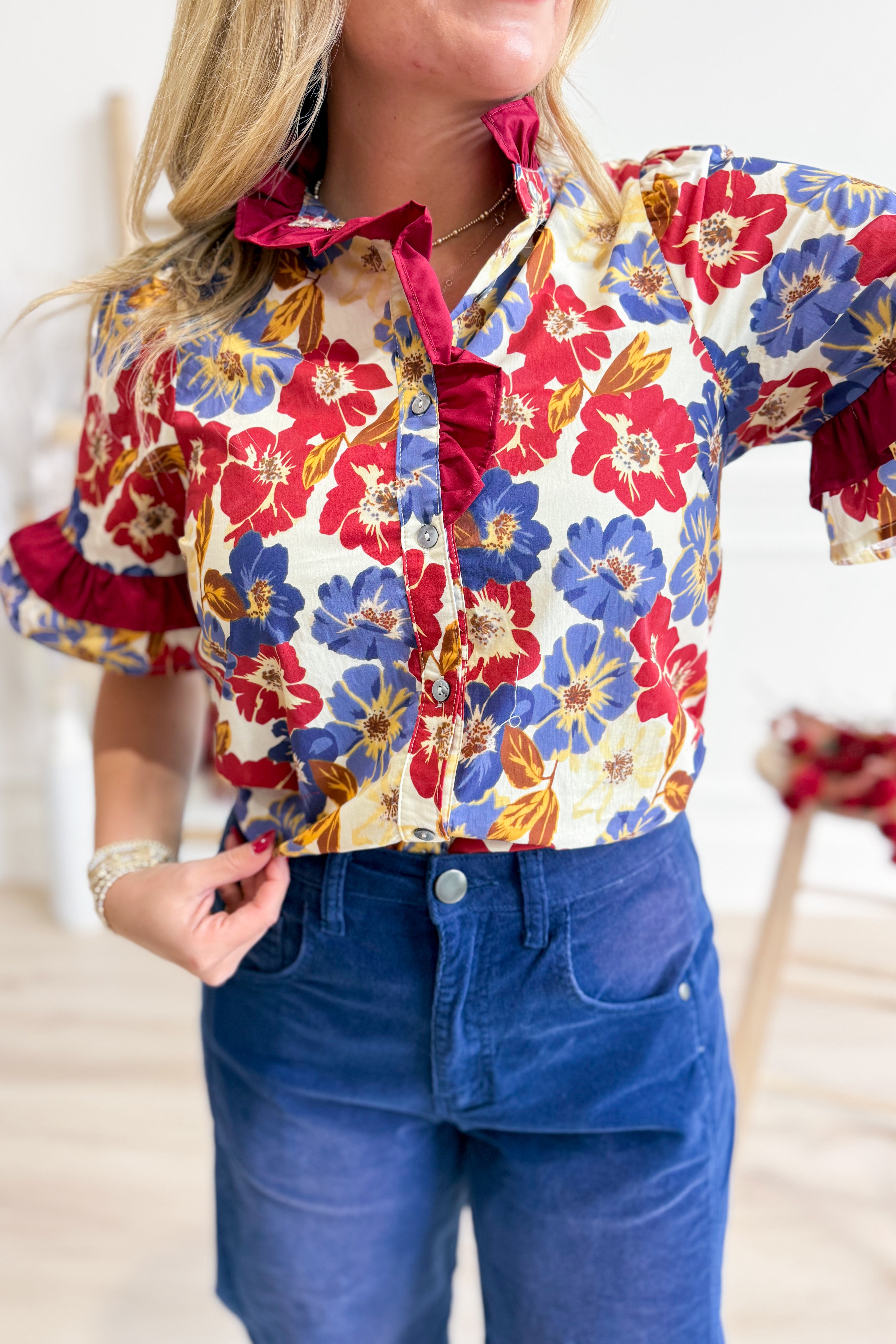 Kennedy Floral Print Ruffle Trim Top - Be You Boutique