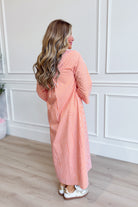 TCEC Aly striped button-down midi dress with long sleeves and a fitted waist, featuring a stylish and elegant design.